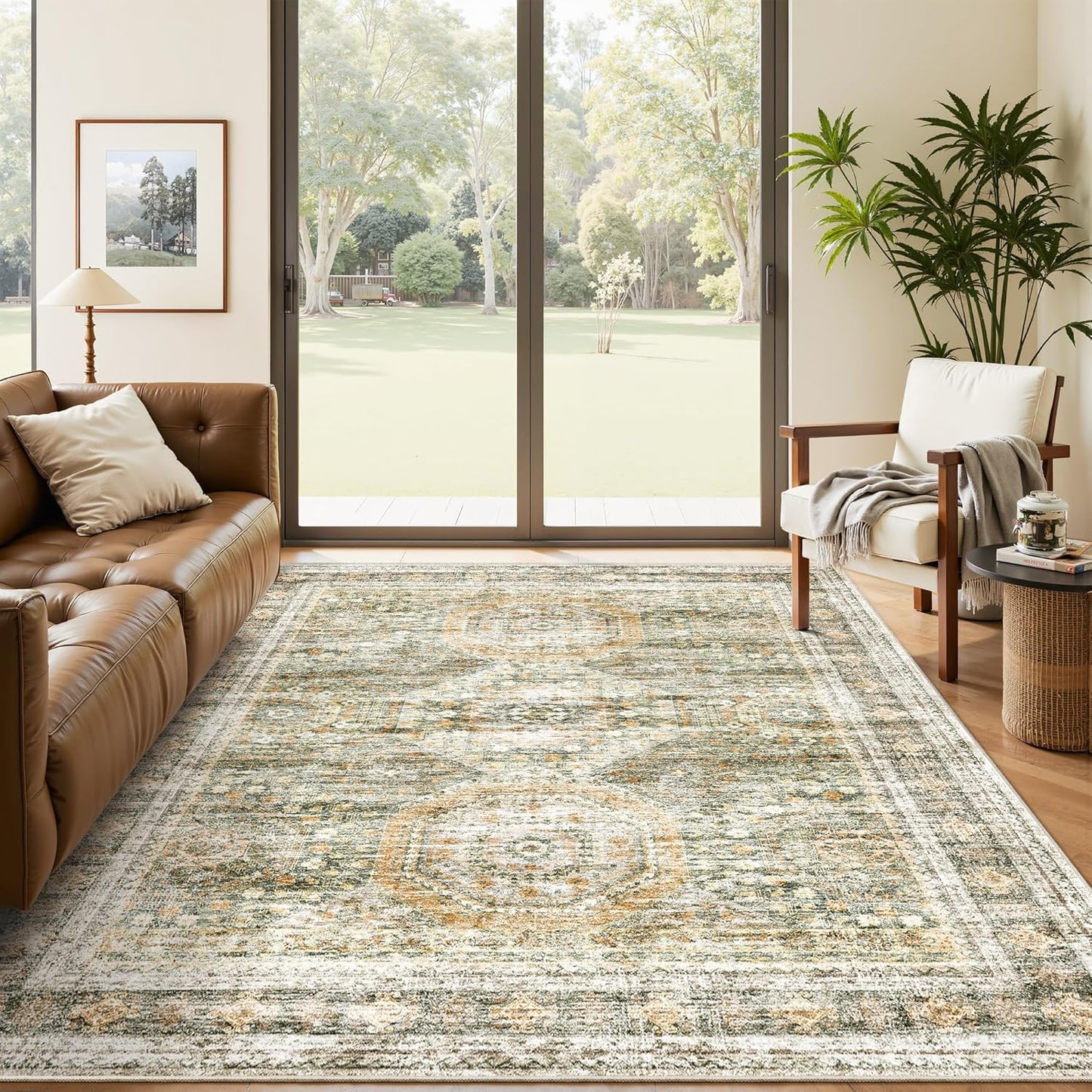 Washable Area Rug 8x10, Large Soft Rugs for Living Room Vintage Beige Carpet 8x10 Area Rugs for Bedroom Dining Room Non-Slip Stain Resistant Under Table Rug
