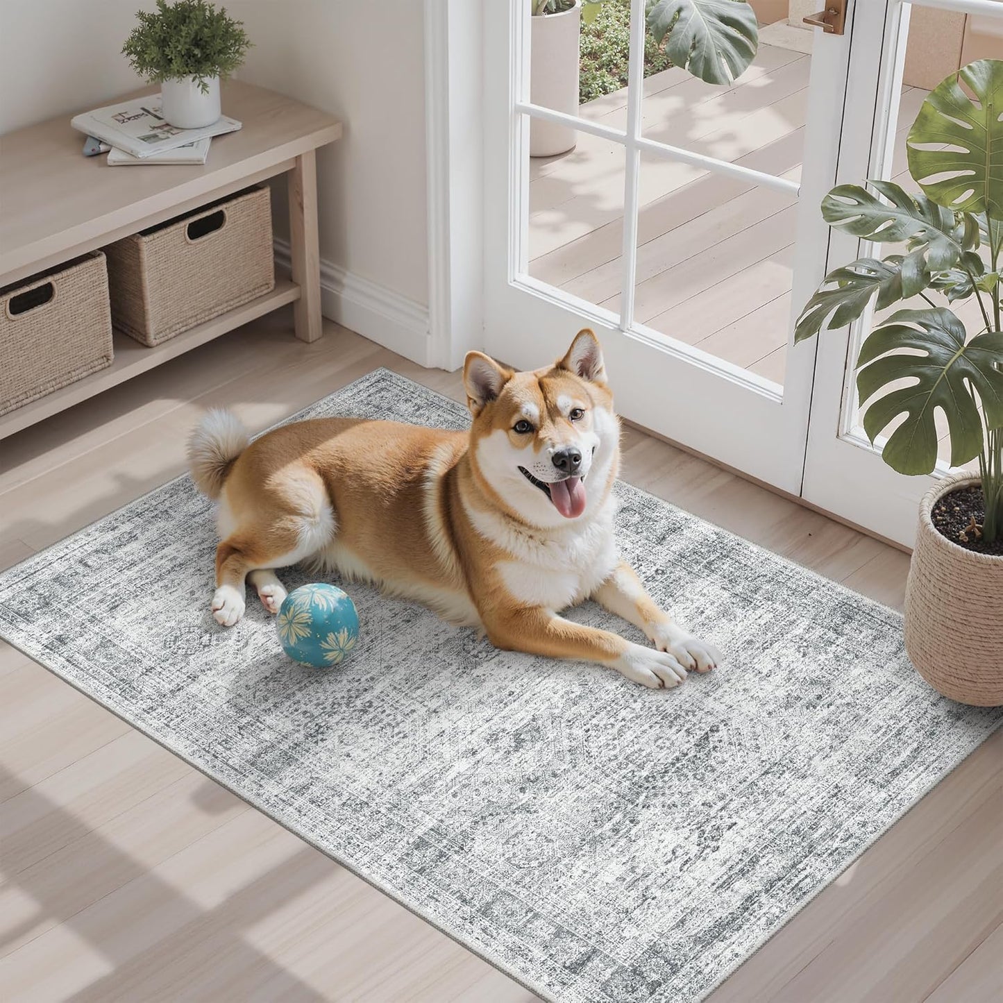 Washable Area Rug 8x10, Large Soft Rugs for Living Room Vintage Beige Carpet 8x10 Area Rugs for Bedroom Dining Room Non-Slip Stain Resistant Under Table Rug