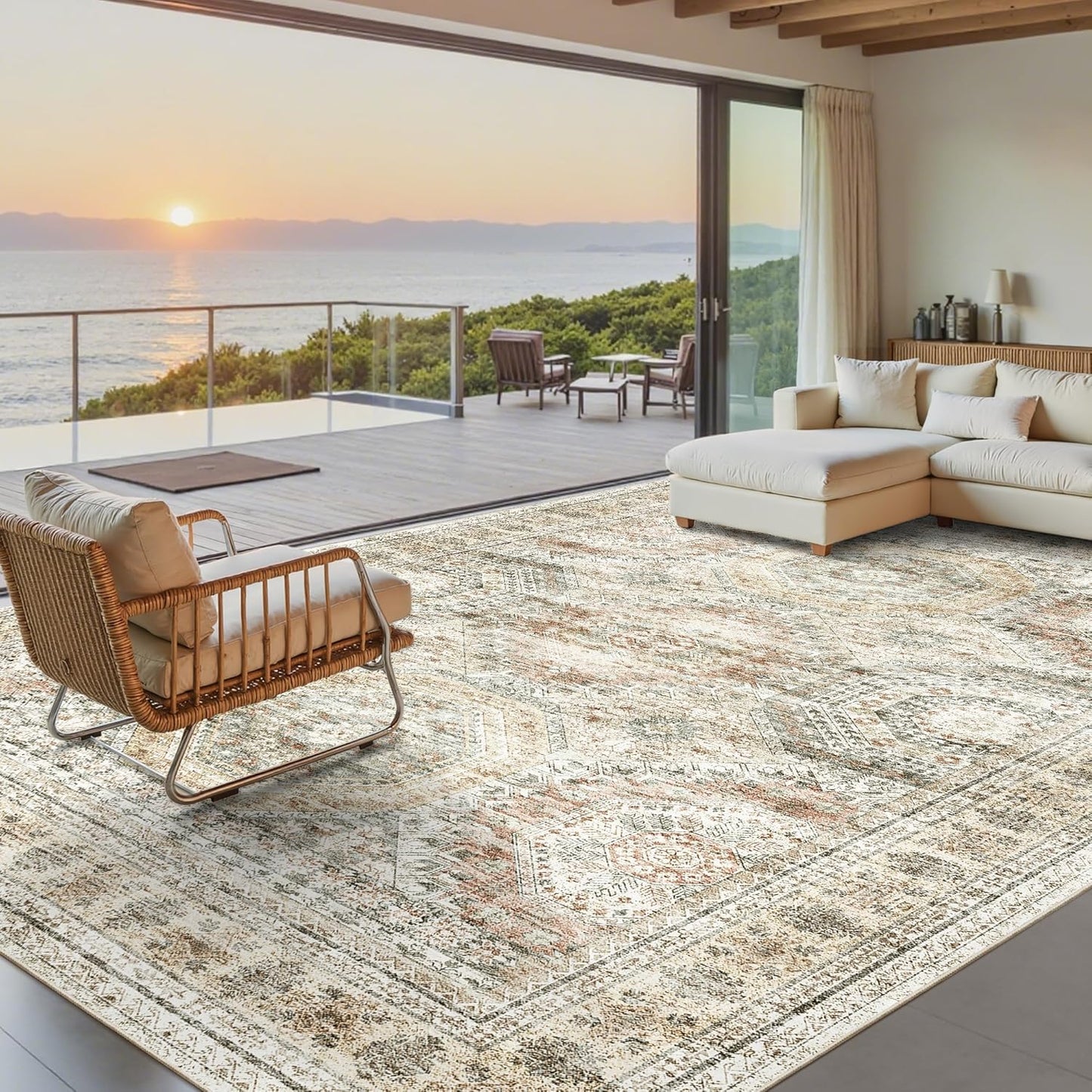 Washable Area Rug 8x10, Large Soft Rugs for Living Room Vintage Beige Carpet 8x10 Area Rugs for Bedroom Dining Room Non-Slip Stain Resistant Under Table Rug