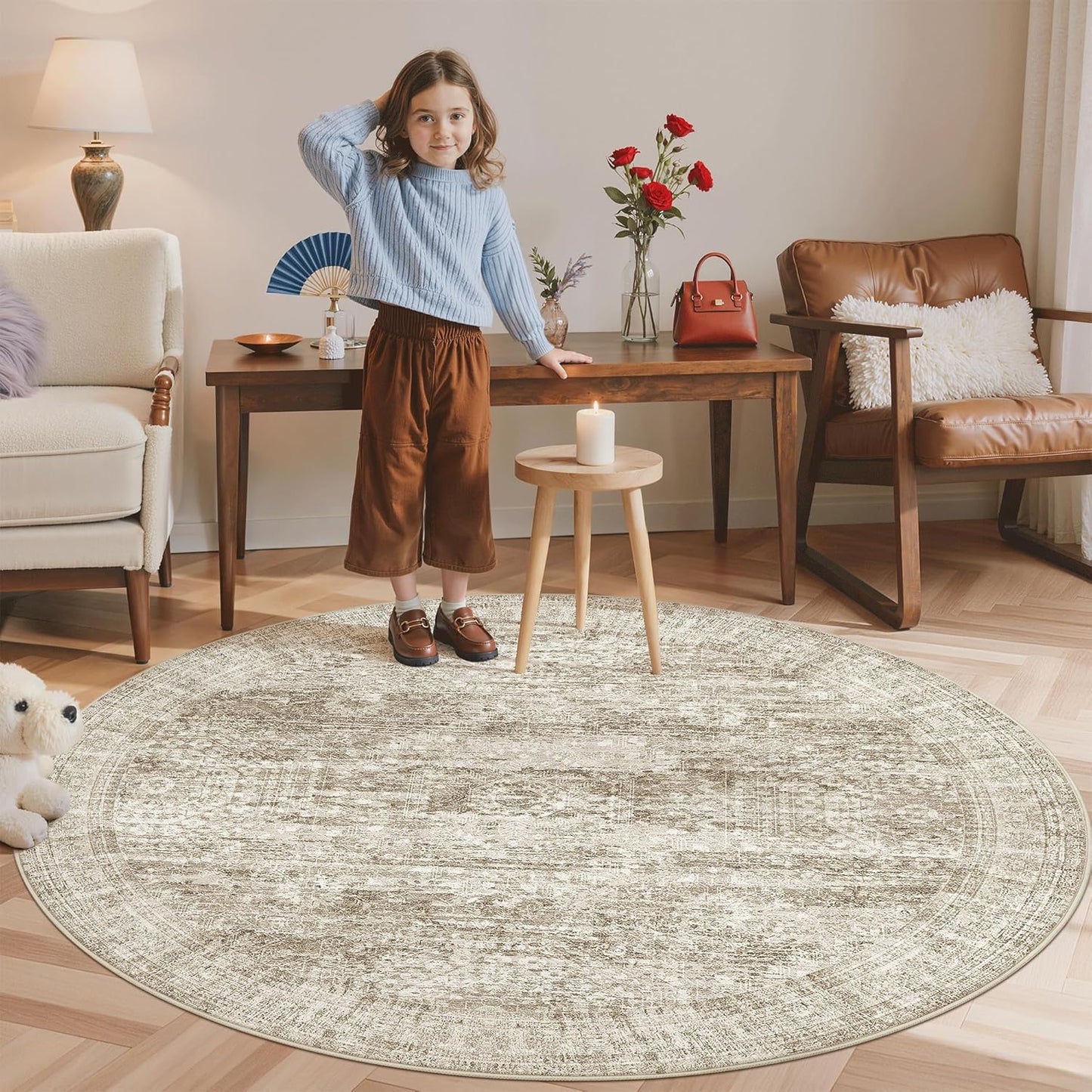 Washable Area Rug 8x10, Large Soft Rugs for Living Room Vintage Beige Carpet 8x10 Area Rugs for Bedroom Dining Room Non-Slip Stain Resistant Under Table Rug