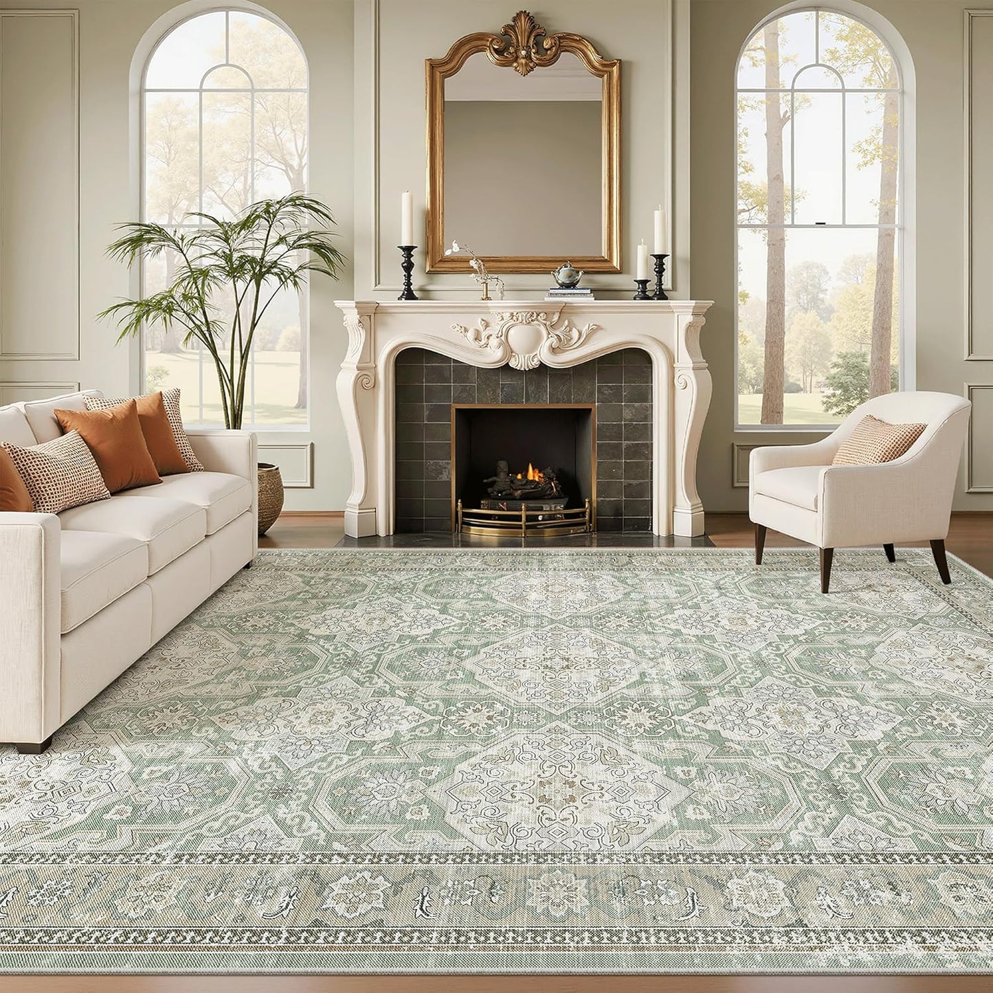 Washable Area Rug 8x10, Large Soft Rugs for Living Room Vintage Beige Carpet 8x10 Area Rugs for Bedroom Dining Room Non-Slip Stain Resistant Under Table Rug