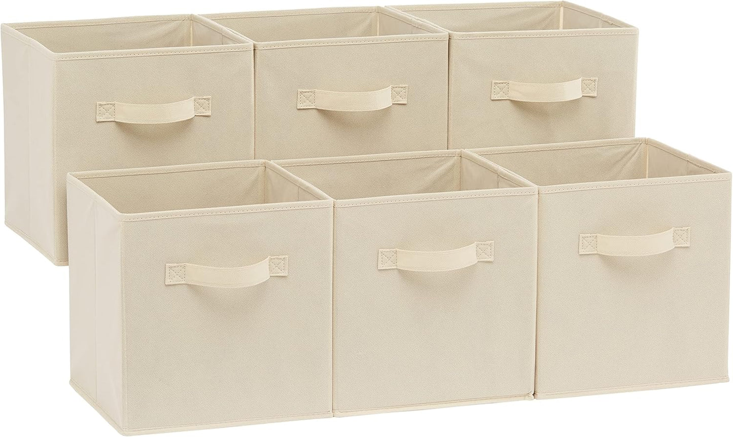 Amazon Basics Collapsible Fabric Storage Cube Bins Organizer with Handles, Sturdy, Beige, 13-x-13-x-13-inch, Pack of 6