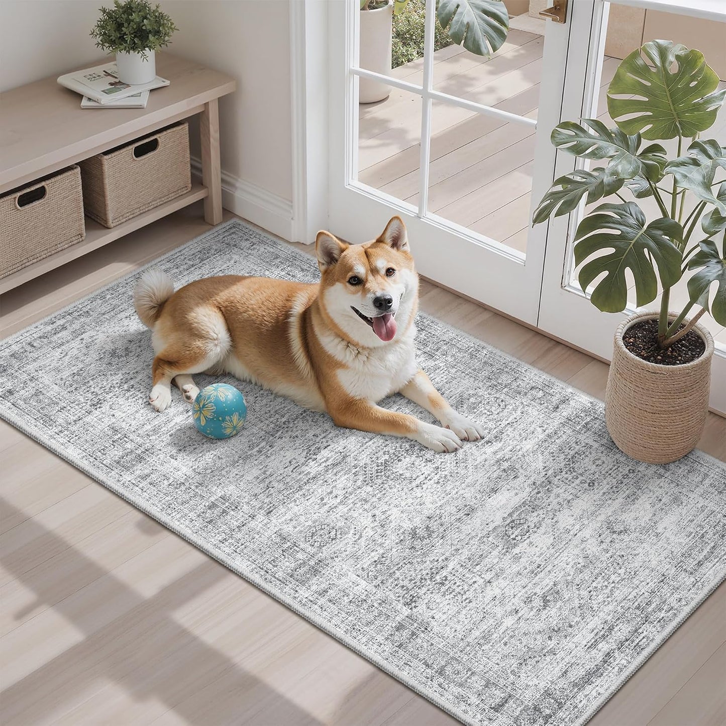 Washable Area Rug 8x10, Large Soft Rugs for Living Room Vintage Beige Carpet 8x10 Area Rugs for Bedroom Dining Room Non-Slip Stain Resistant Under Table Rug