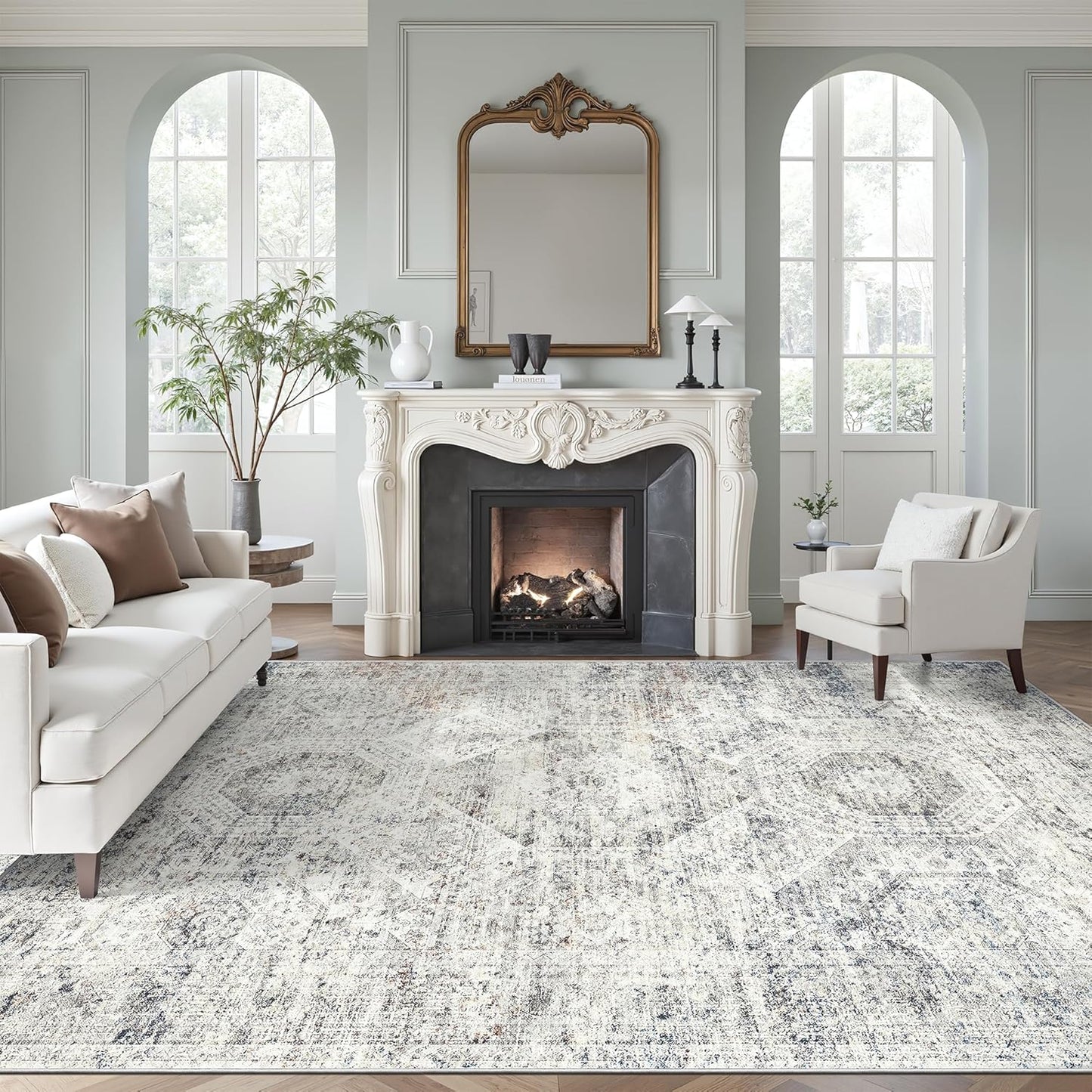 Washable Area Rug 8x10, Large Soft Rugs for Living Room Vintage Beige Carpet 8x10 Area Rugs for Bedroom Dining Room Non-Slip Stain Resistant Under Table Rug