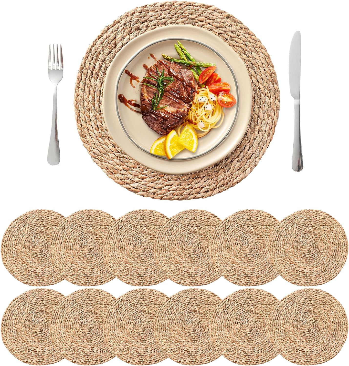 13.8'' Round Woven Placemats Set of 12, Boho Rattan Chargers for Dinner Plates, Rustic Wicker Place Mats, Straw Braided Table Placemats, for Dining Table Decor, Wedding, Farmhouse and Outdoor