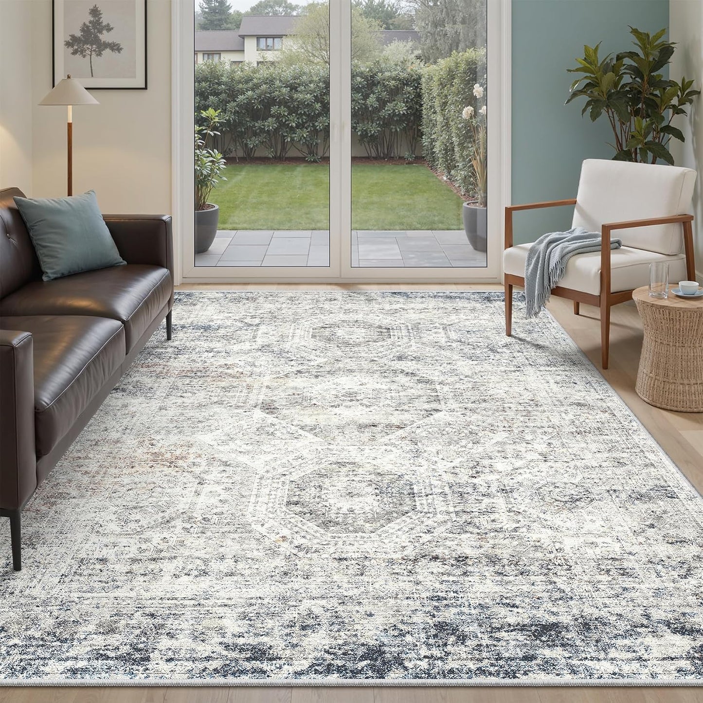 Washable Area Rug 8x10, Large Soft Rugs for Living Room Vintage Beige Carpet 8x10 Area Rugs for Bedroom Dining Room Non-Slip Stain Resistant Under Table Rug