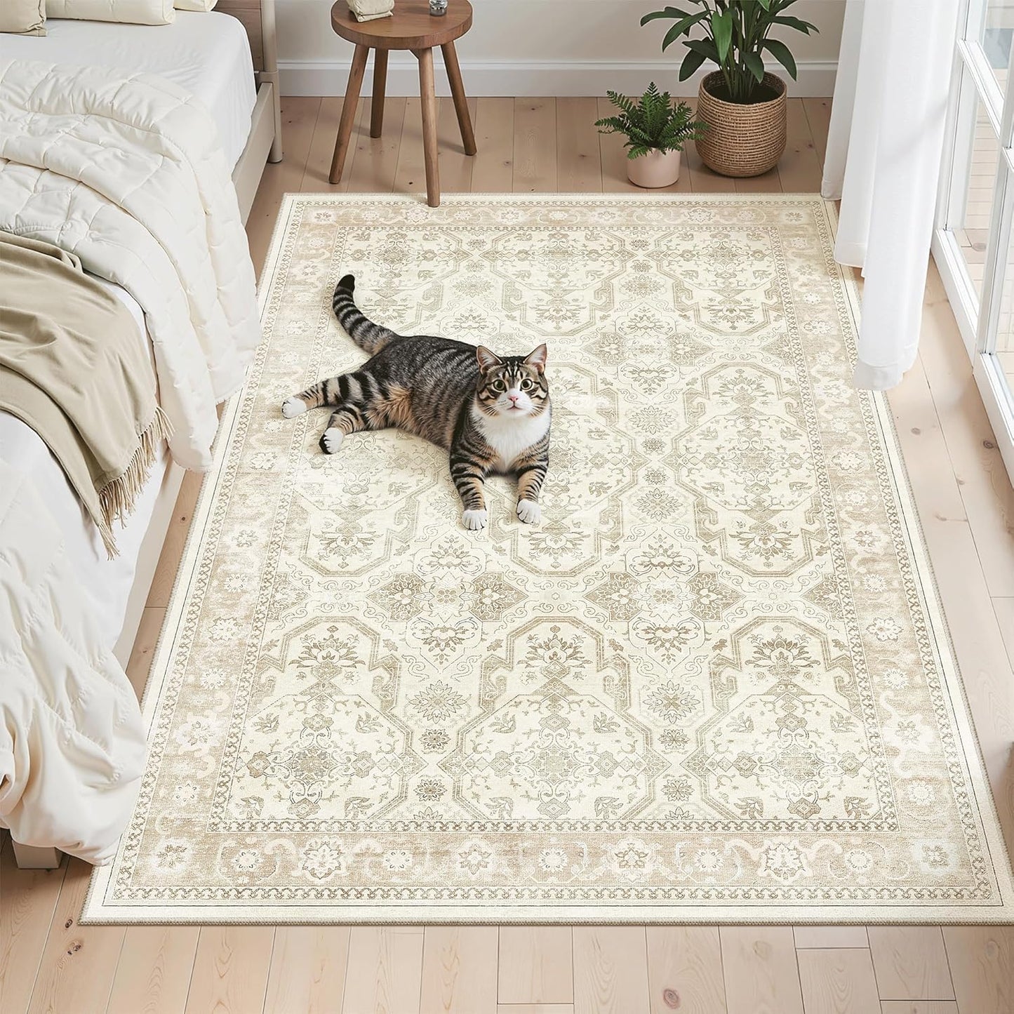 Washable Area Rug 8x10, Large Soft Rugs for Living Room Vintage Beige Carpet 8x10 Area Rugs for Bedroom Dining Room Non-Slip Stain Resistant Under Table Rug