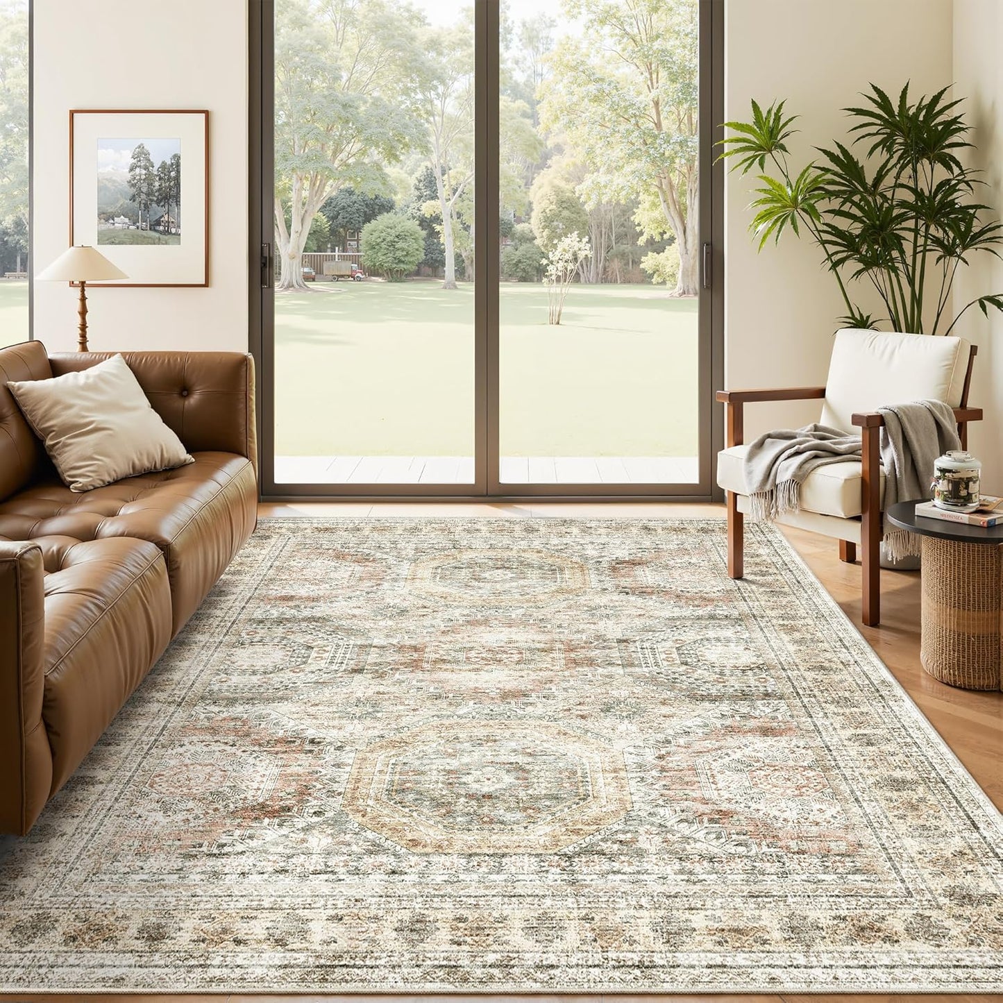 Washable Area Rug 8x10, Large Soft Rugs for Living Room Vintage Beige Carpet 8x10 Area Rugs for Bedroom Dining Room Non-Slip Stain Resistant Under Table Rug