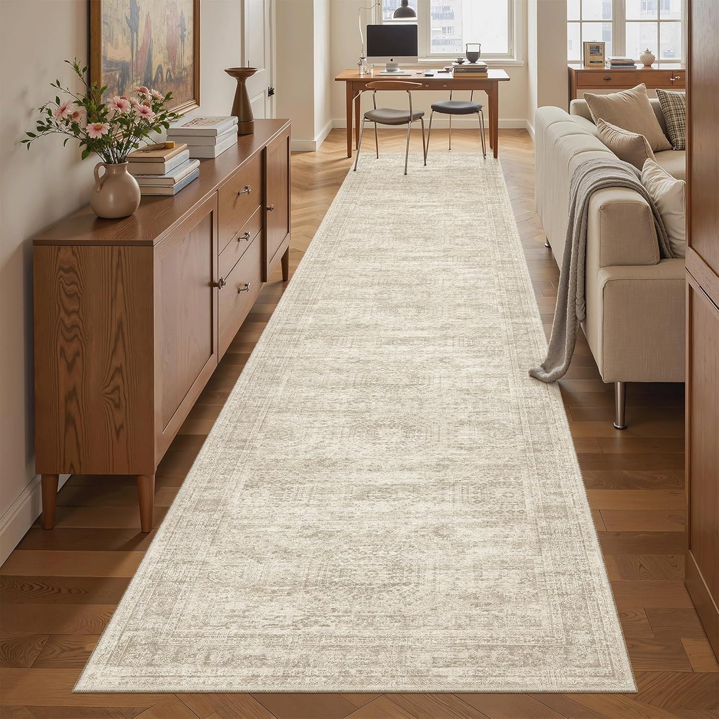 Washable Area Rug 8x10, Large Soft Rugs for Living Room Vintage Beige Carpet 8x10 Area Rugs for Bedroom Dining Room Non-Slip Stain Resistant Under Table Rug