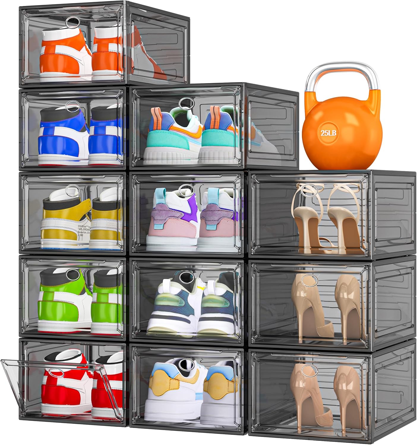Thickened Clear Shoe Storage Organizer with Magnetic Door, Sturdy Stackable Shoe Boxes for Closet, Collapsible Space-Saving Shoe Rack for Sneakers & Boots, Plastic Shoe Cabinet Box Set, 6 Pack, White