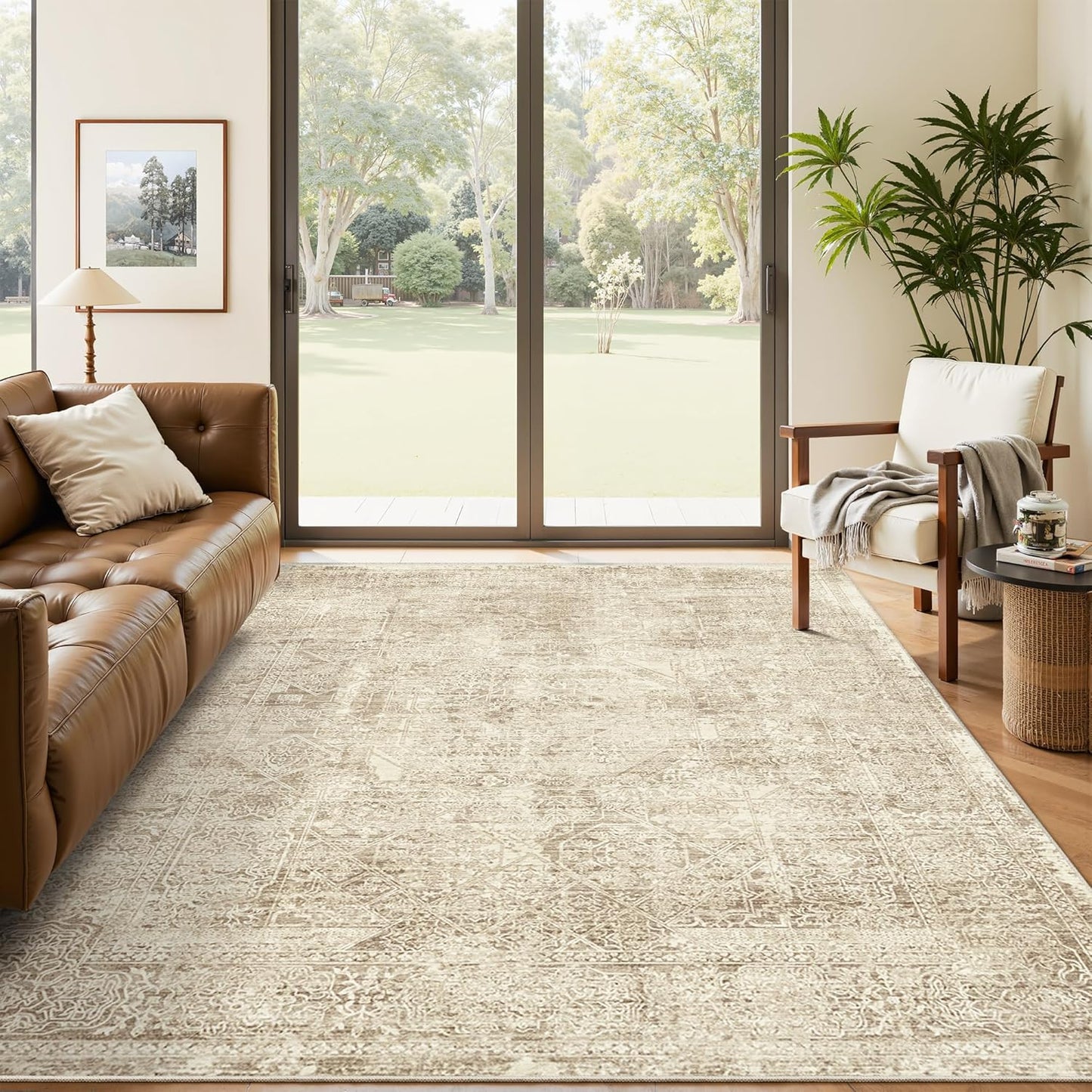 Washable Area Rug 8x10, Large Soft Rugs for Living Room Vintage Beige Carpet 8x10 Area Rugs for Bedroom Dining Room Non-Slip Stain Resistant Under Table Rug