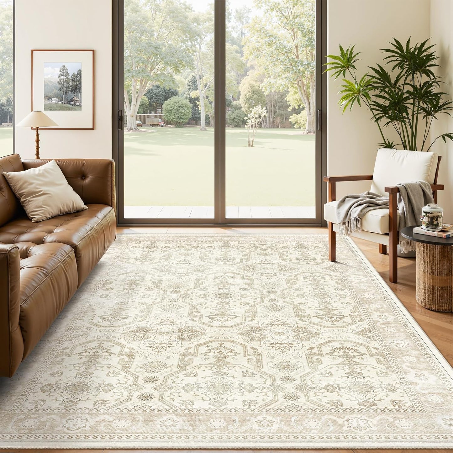 Washable Area Rug 8x10, Large Soft Rugs for Living Room Vintage Beige Carpet 8x10 Area Rugs for Bedroom Dining Room Non-Slip Stain Resistant Under Table Rug