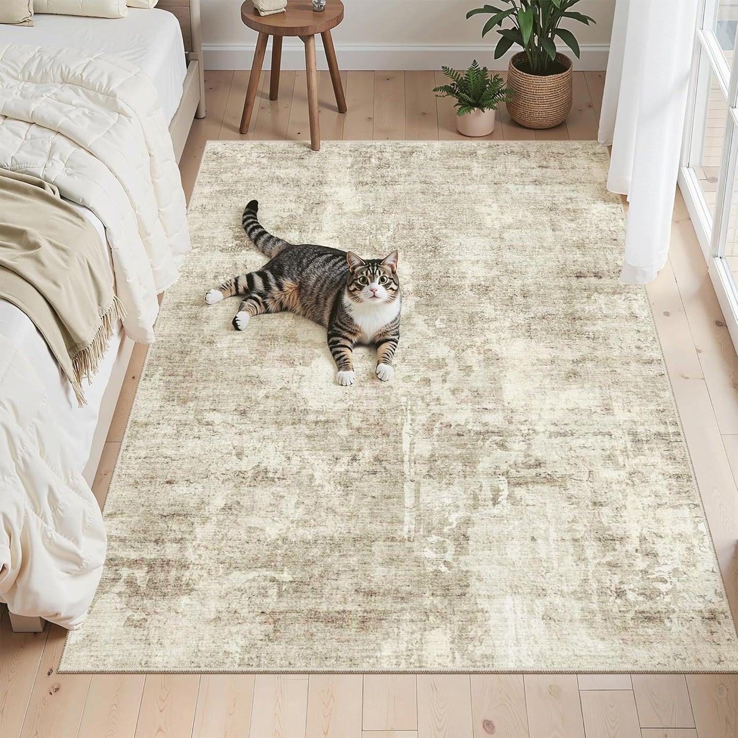 Washable Area Rug 8x10, Large Soft Rugs for Living Room Vintage Beige Carpet 8x10 Area Rugs for Bedroom Dining Room Non-Slip Stain Resistant Under Table Rug