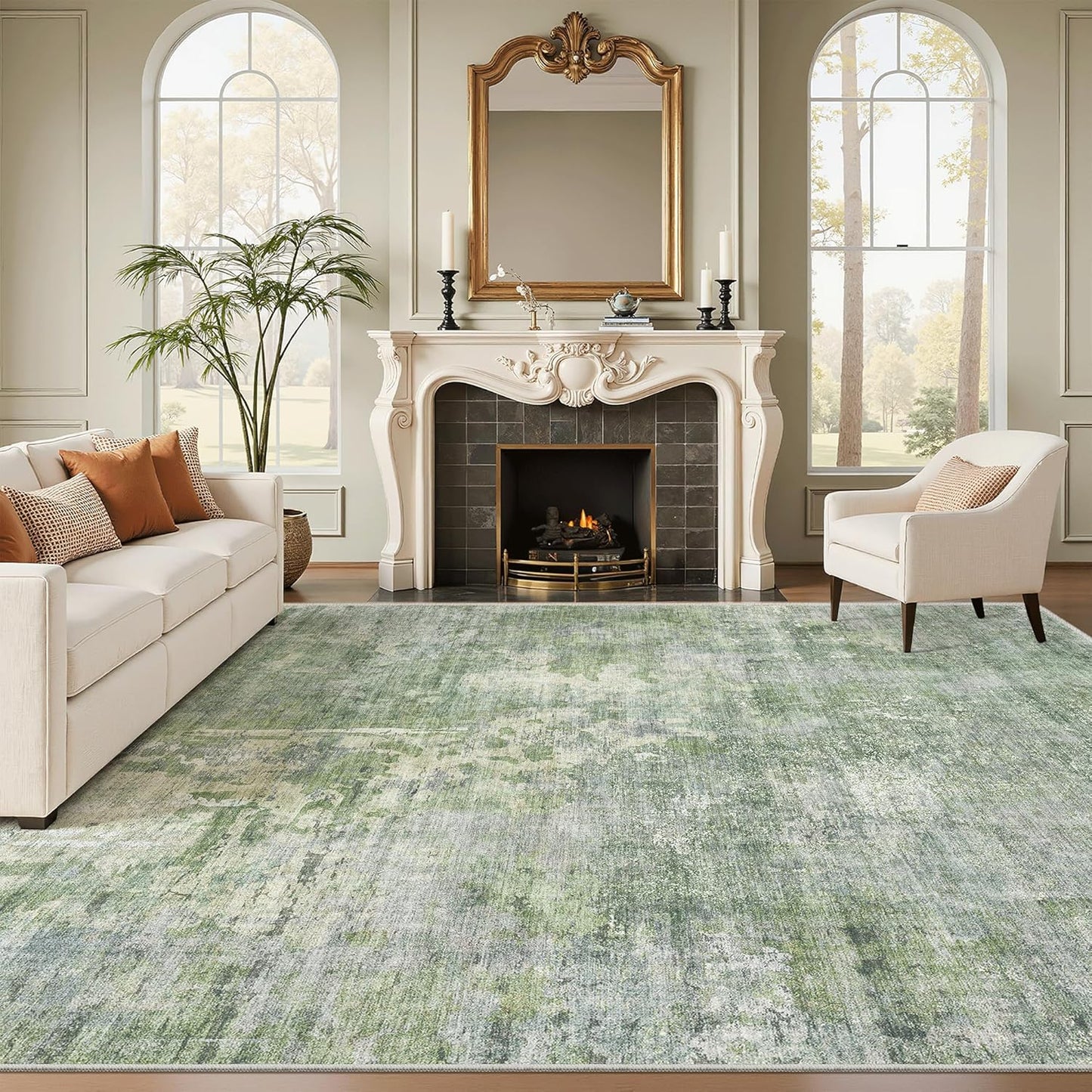 Washable Area Rug 8x10, Large Soft Rugs for Living Room Vintage Beige Carpet 8x10 Area Rugs for Bedroom Dining Room Non-Slip Stain Resistant Under Table Rug