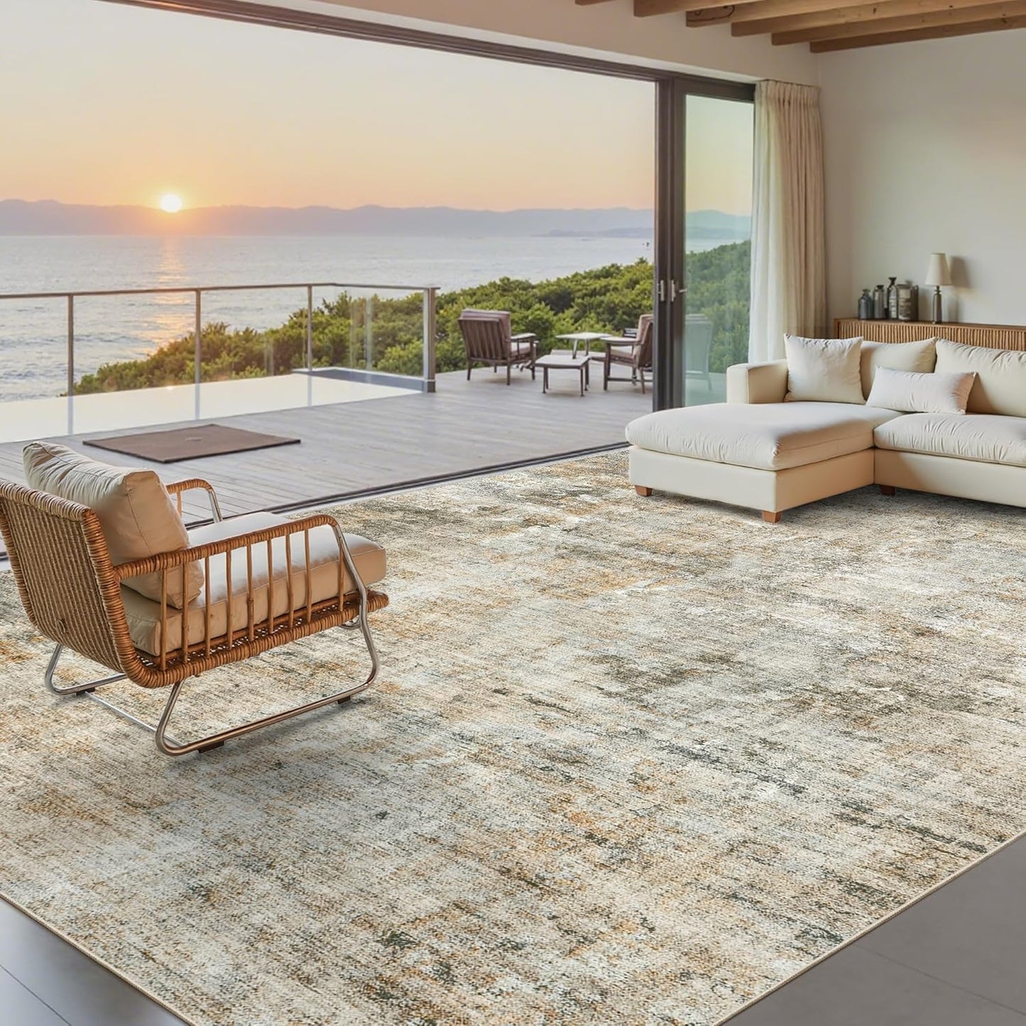 Washable Area Rug 8x10, Large Soft Rugs for Living Room Vintage Beige Carpet 8x10 Area Rugs for Bedroom Dining Room Non-Slip Stain Resistant Under Table Rug