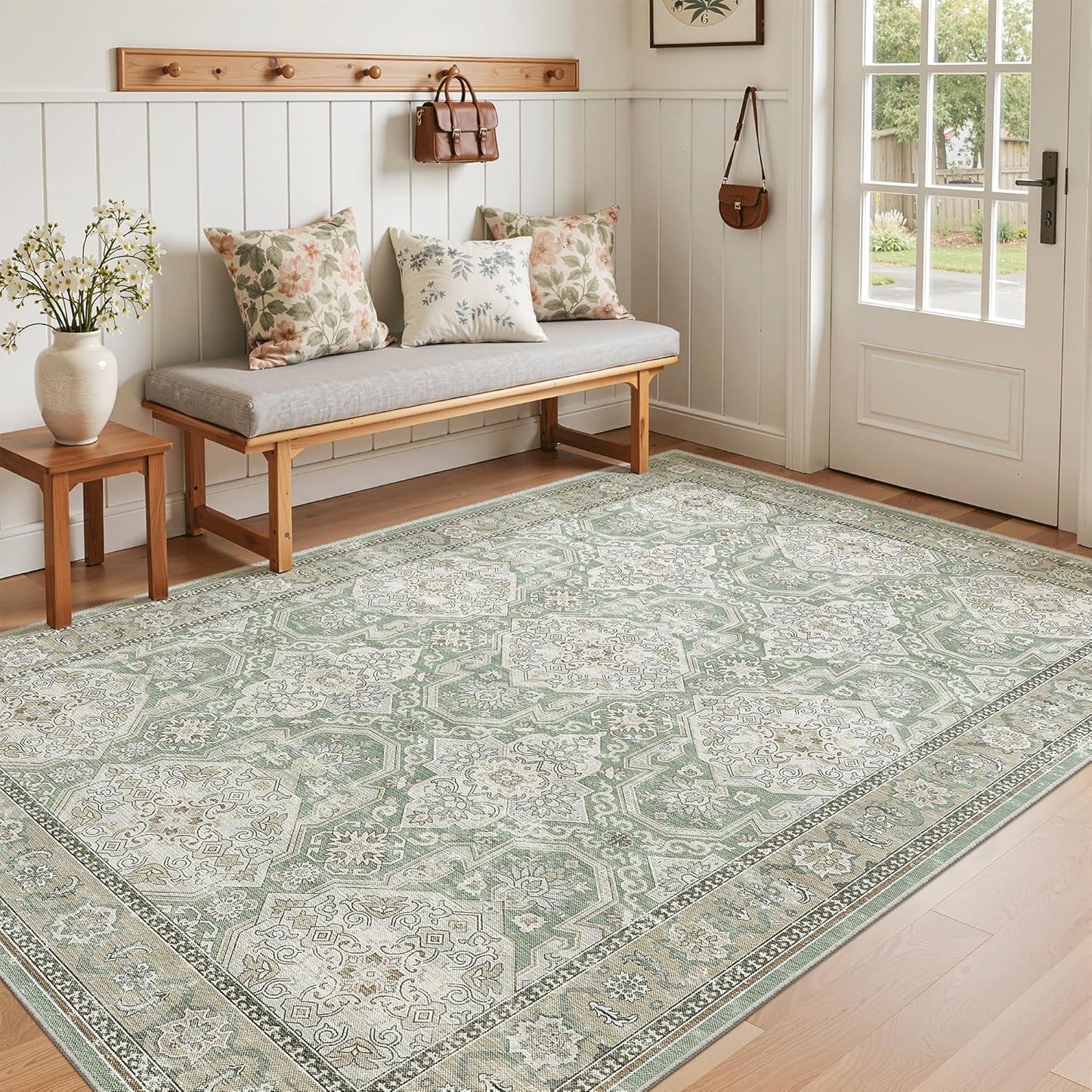 Washable Area Rug 8x10, Large Soft Rugs for Living Room Vintage Beige Carpet 8x10 Area Rugs for Bedroom Dining Room Non-Slip Stain Resistant Under Table Rug