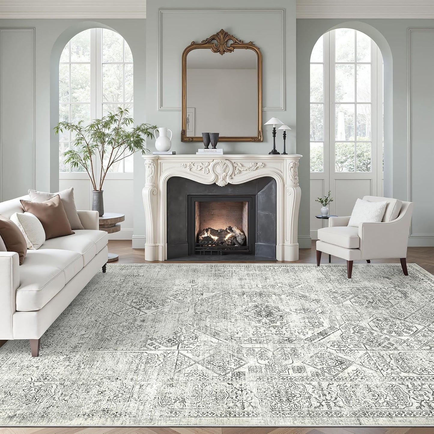 Washable Area Rug 8x10, Large Soft Rugs for Living Room Vintage Beige Carpet 8x10 Area Rugs for Bedroom Dining Room Non-Slip Stain Resistant Under Table Rug
