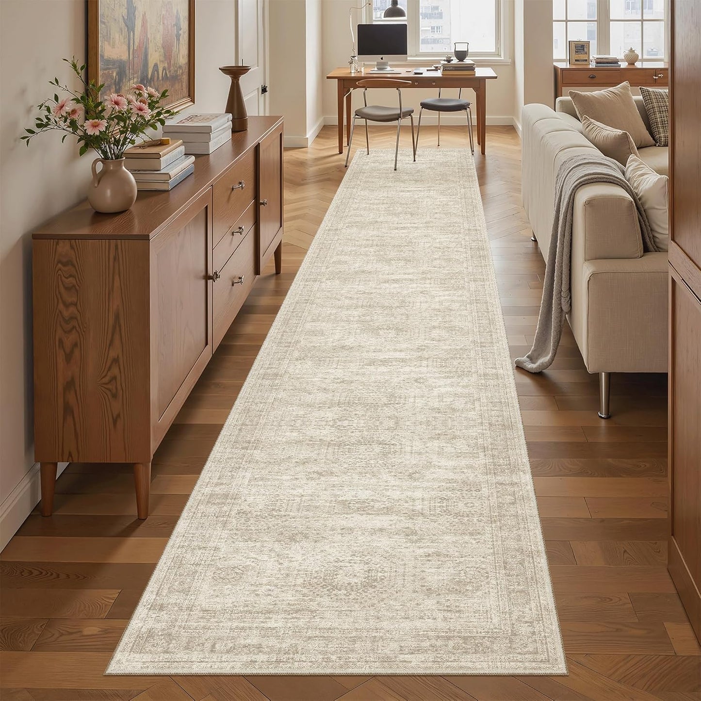 Washable Area Rug 8x10, Large Soft Rugs for Living Room Vintage Beige Carpet 8x10 Area Rugs for Bedroom Dining Room Non-Slip Stain Resistant Under Table Rug