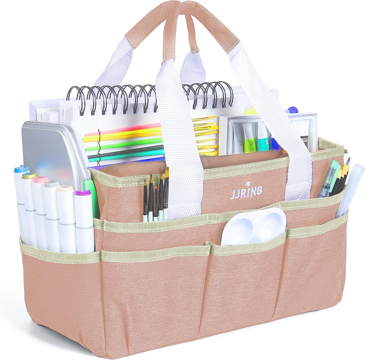 JJRING Craft Organizer Tote Bag, Large Art Storage Caddy with Multiple Pockets, Bluish Green Sewing Bag for Art, Craft, Scrapbooking, School, Medical, and Office Supplies Storage