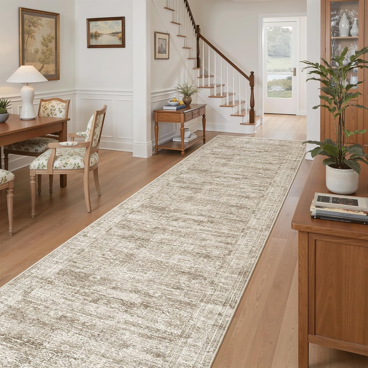Washable Area Rug 8x10, Large Soft Rugs for Living Room Vintage Beige Carpet 8x10 Area Rugs for Bedroom Dining Room Non-Slip Stain Resistant Under Table Rug