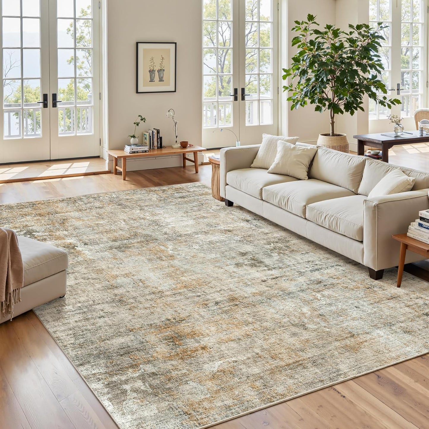 Washable Area Rug 8x10, Large Soft Rugs for Living Room Vintage Beige Carpet 8x10 Area Rugs for Bedroom Dining Room Non-Slip Stain Resistant Under Table Rug