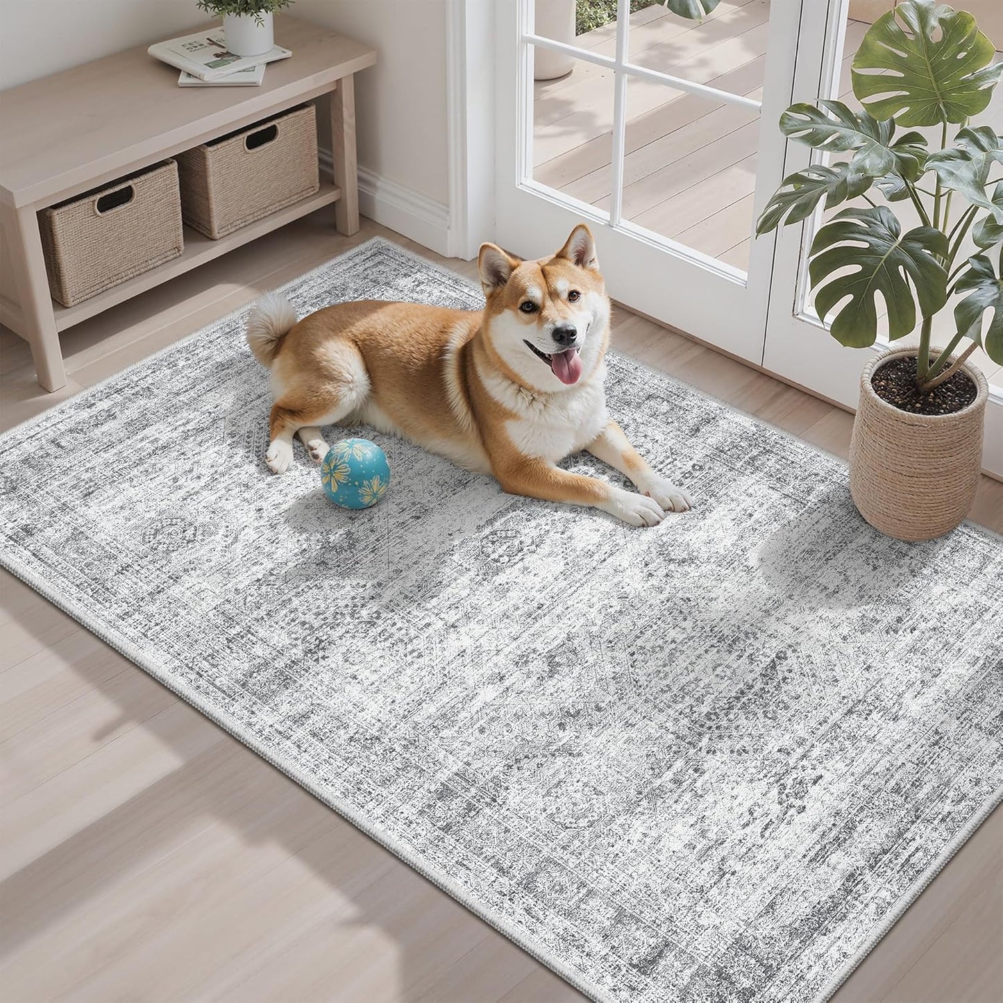 Washable Area Rug 8x10, Large Soft Rugs for Living Room Vintage Beige Carpet 8x10 Area Rugs for Bedroom Dining Room Non-Slip Stain Resistant Under Table Rug