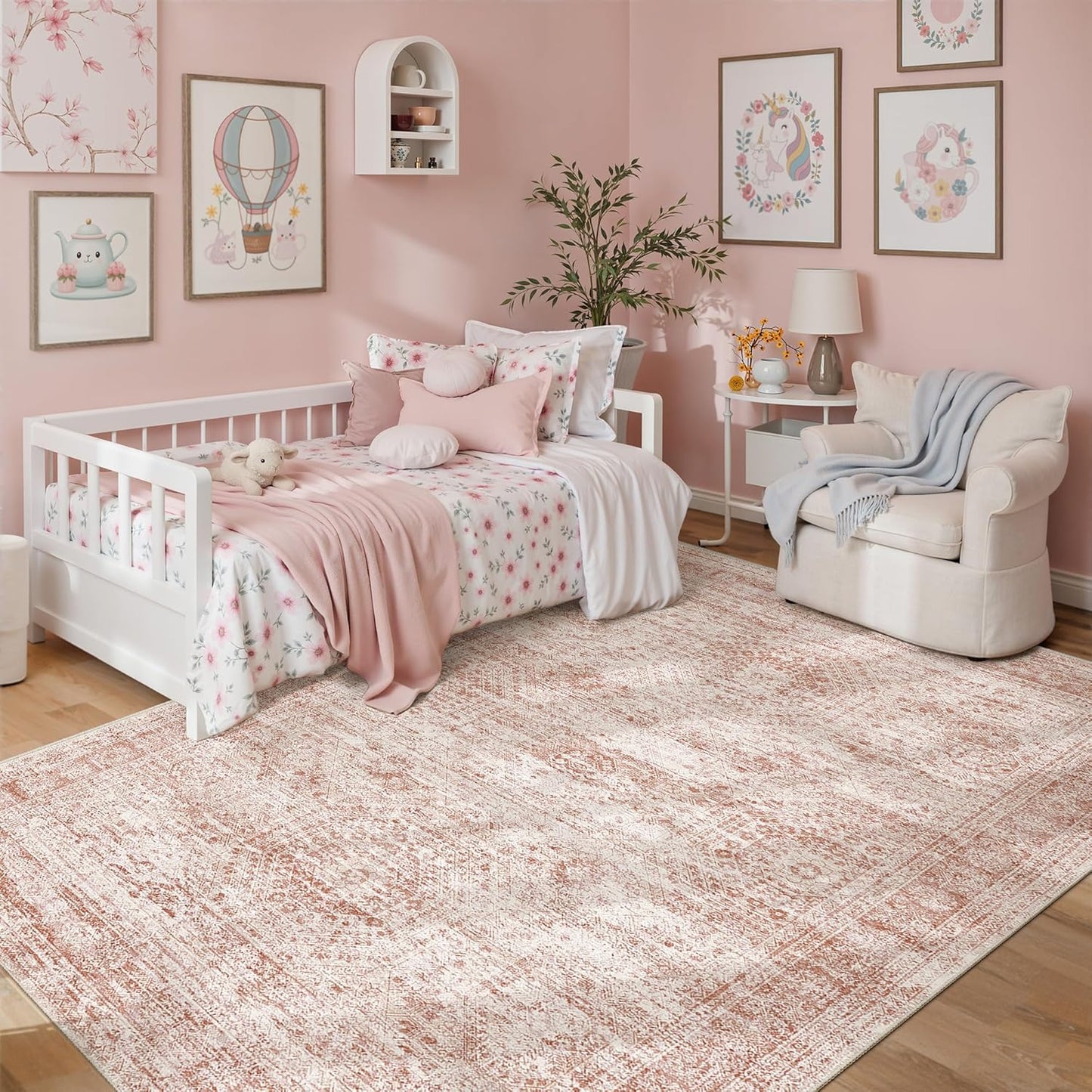 Washable Area Rug 8x10, Large Soft Rugs for Living Room Vintage Beige Carpet 8x10 Area Rugs for Bedroom Dining Room Non-Slip Stain Resistant Under Table Rug