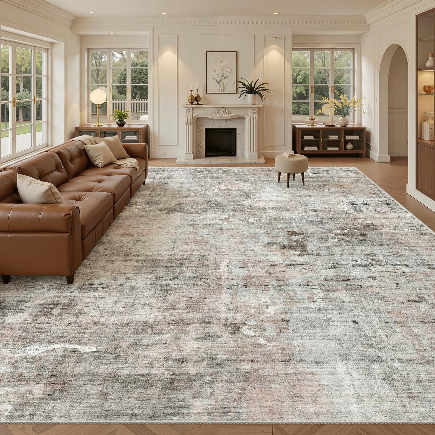 Washable Area Rug 8x10, Large Soft Rugs for Living Room Vintage Beige Carpet 8x10 Area Rugs for Bedroom Dining Room Non-Slip Stain Resistant Under Table Rug