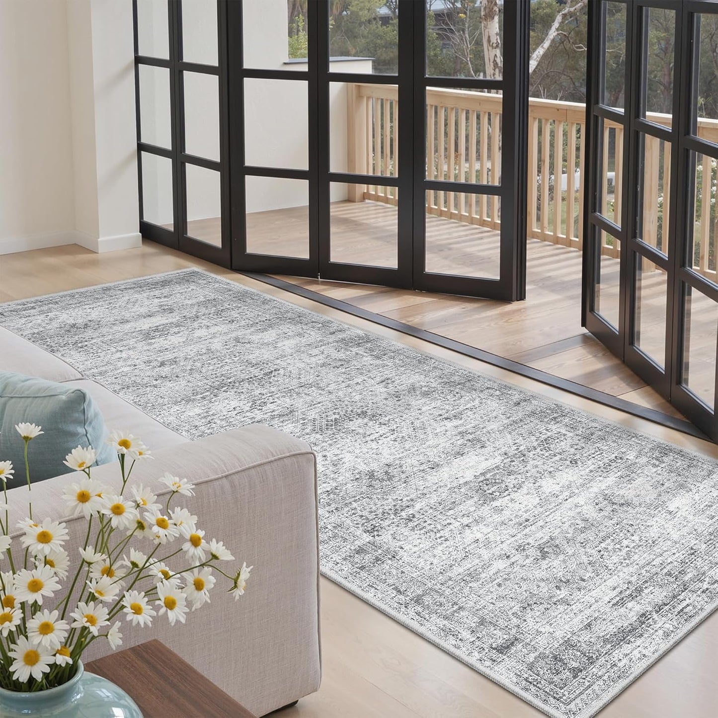 Washable Area Rug 8x10, Large Soft Rugs for Living Room Vintage Beige Carpet 8x10 Area Rugs for Bedroom Dining Room Non-Slip Stain Resistant Under Table Rug