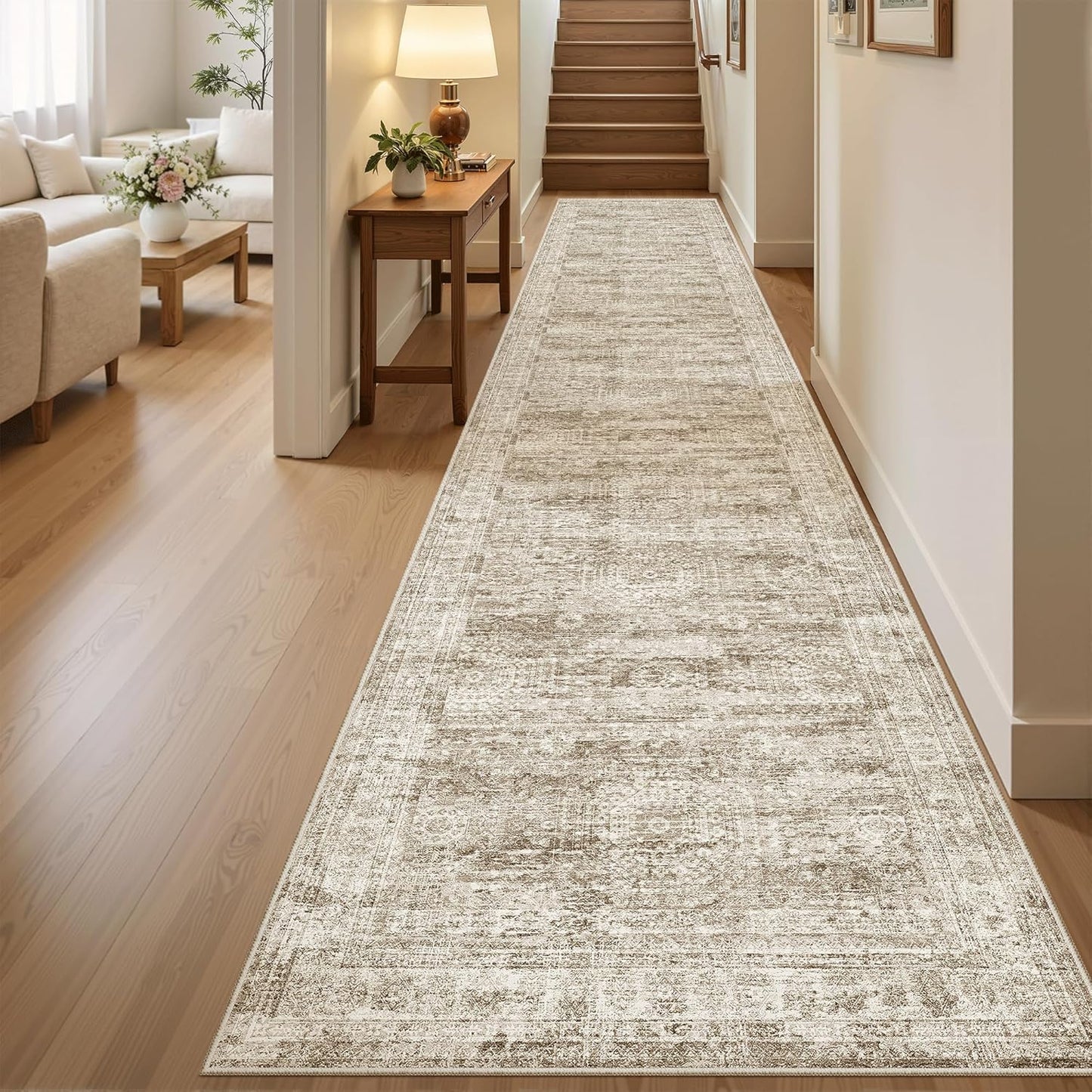 Washable Area Rug 8x10, Large Soft Rugs for Living Room Vintage Beige Carpet 8x10 Area Rugs for Bedroom Dining Room Non-Slip Stain Resistant Under Table Rug