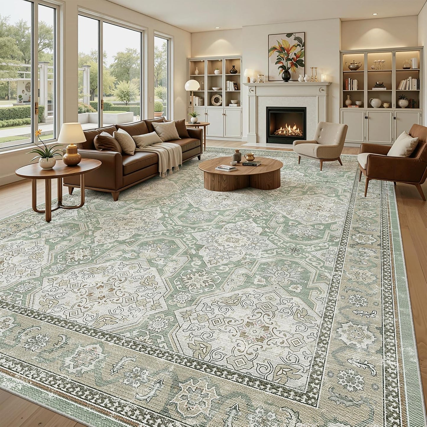 Washable Area Rug 8x10, Large Soft Rugs for Living Room Vintage Beige Carpet 8x10 Area Rugs for Bedroom Dining Room Non-Slip Stain Resistant Under Table Rug