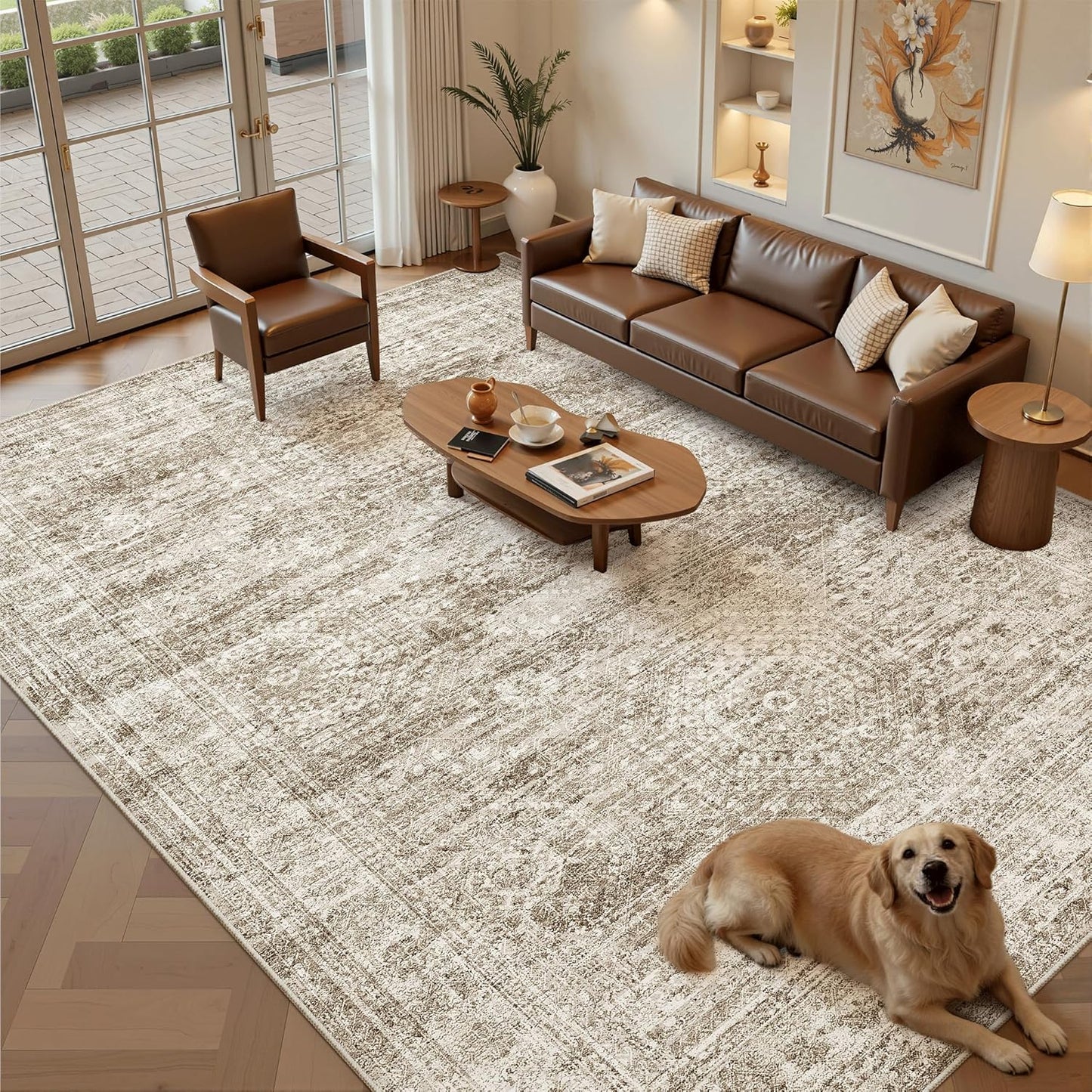 Washable Area Rug 8x10, Large Soft Rugs for Living Room Vintage Beige Carpet 8x10 Area Rugs for Bedroom Dining Room Non-Slip Stain Resistant Under Table Rug