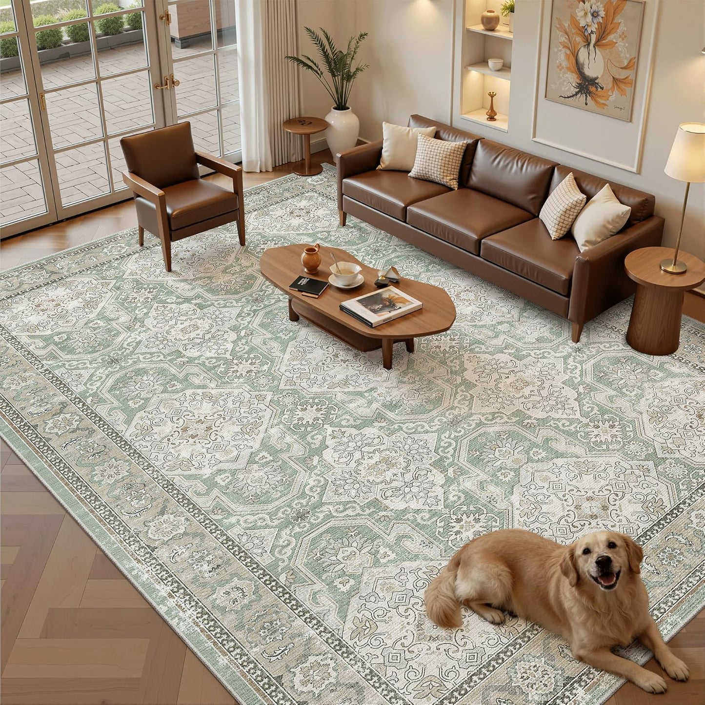 Washable Area Rug 8x10, Large Soft Rugs for Living Room Vintage Beige Carpet 8x10 Area Rugs for Bedroom Dining Room Non-Slip Stain Resistant Under Table Rug