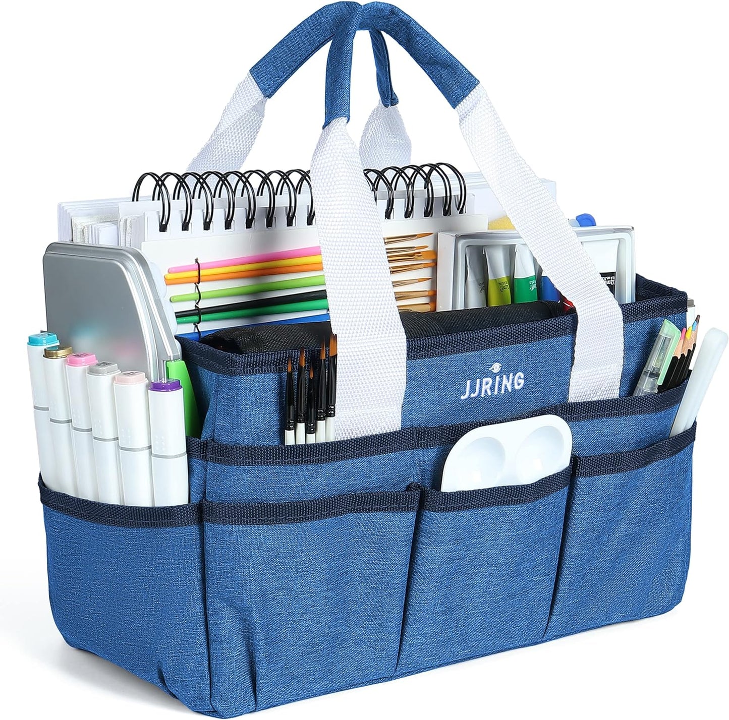 JJRING Craft Organizer Tote Bag, Large Art Storage Caddy with Multiple Pockets, Bluish Green Sewing Bag for Art, Craft, Scrapbooking, School, Medical, and Office Supplies Storage