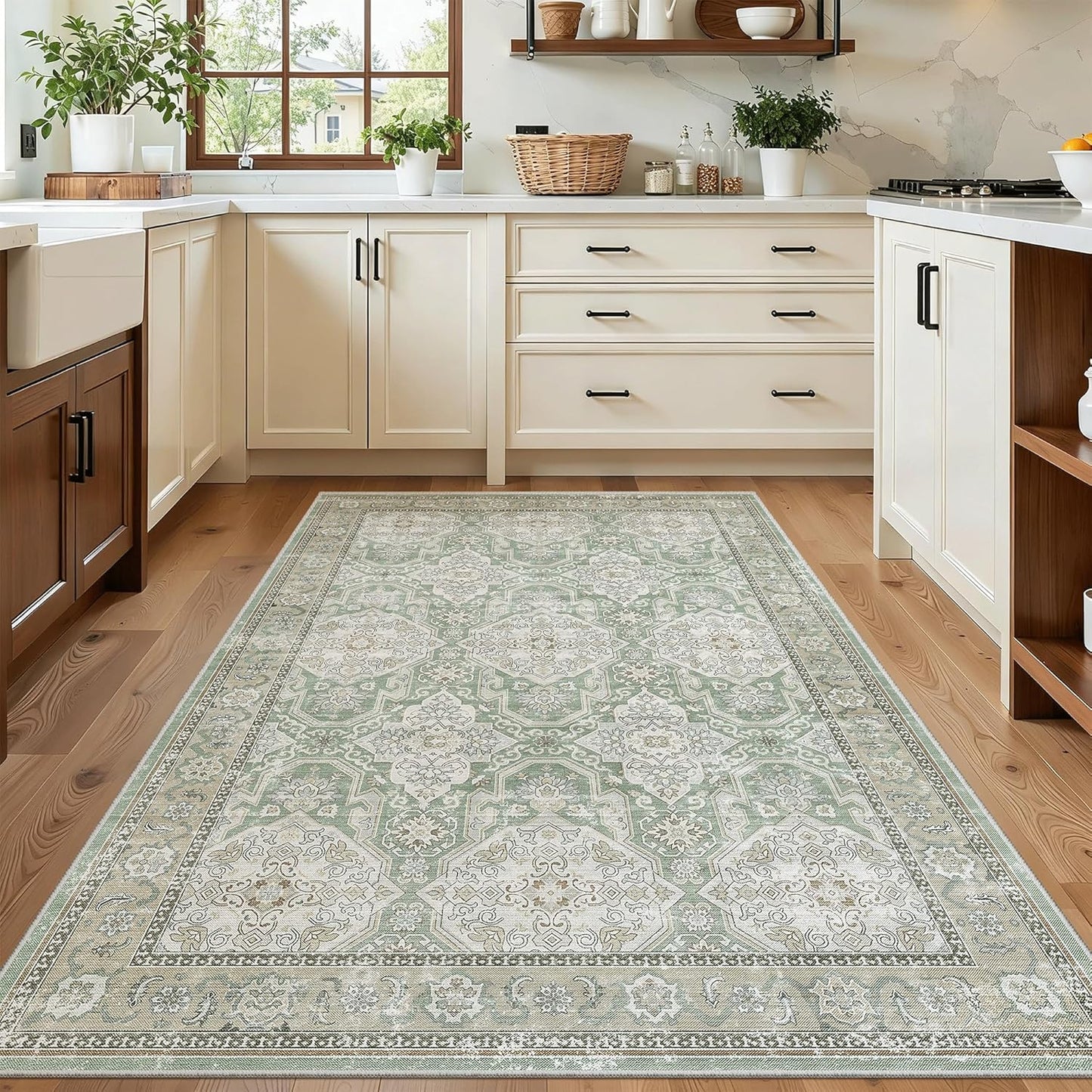 Washable Area Rug 8x10, Large Soft Rugs for Living Room Vintage Beige Carpet 8x10 Area Rugs for Bedroom Dining Room Non-Slip Stain Resistant Under Table Rug