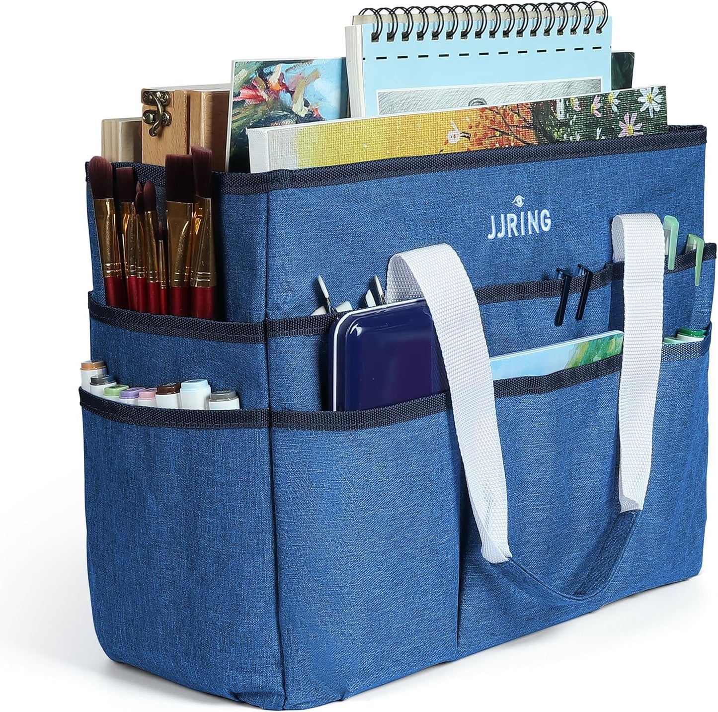 JJRING Craft Organizer Tote Bag, Large Art Storage Caddy with Multiple Pockets, Bluish Green Sewing Bag for Art, Craft, Scrapbooking, School, Medical, and Office Supplies Storage