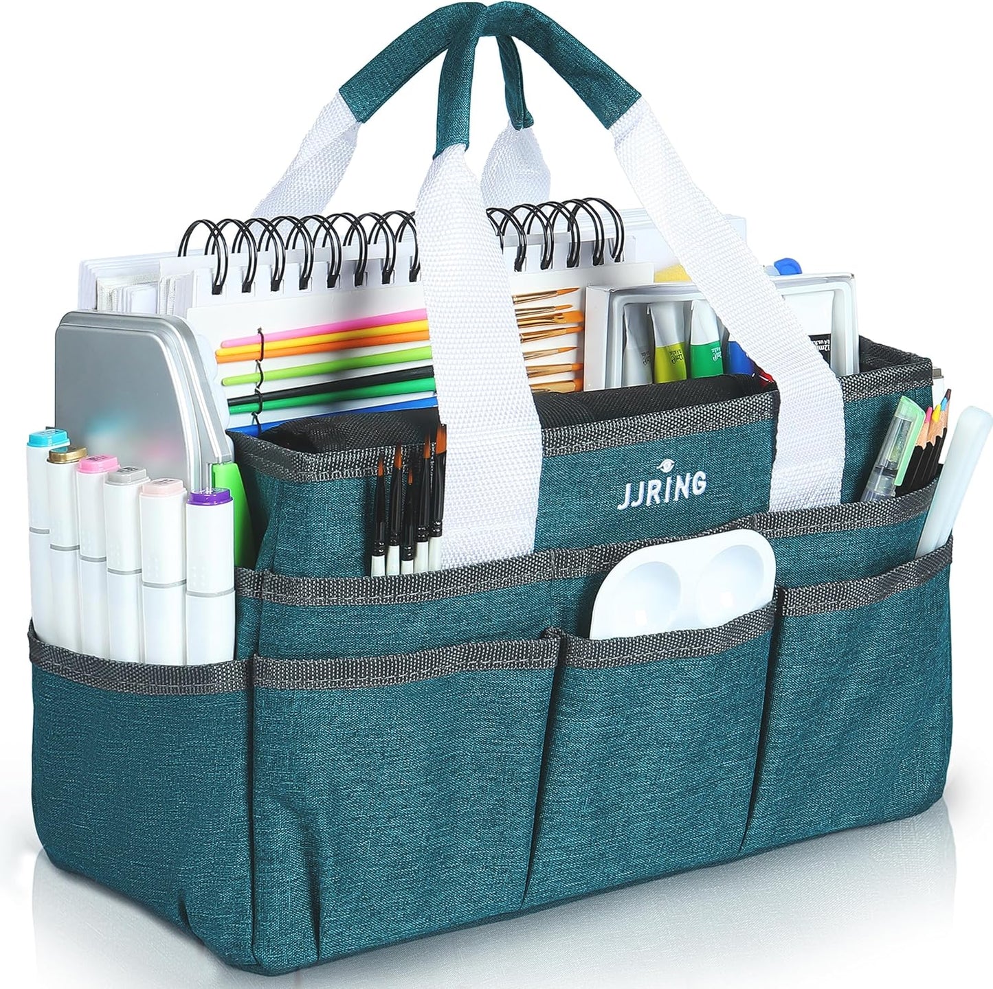 JJRING Craft Organizer Tote Bag, Large Art Storage Caddy with Multiple Pockets, Bluish Green Sewing Bag for Art, Craft, Scrapbooking, School, Medical, and Office Supplies Storage