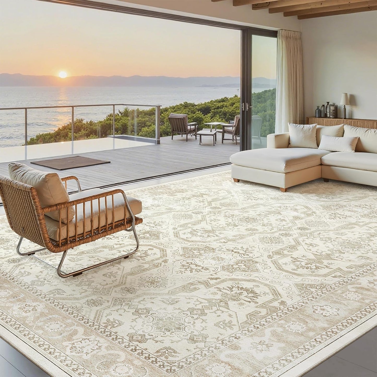 Washable Area Rug 8x10, Large Soft Rugs for Living Room Vintage Beige Carpet 8x10 Area Rugs for Bedroom Dining Room Non-Slip Stain Resistant Under Table Rug