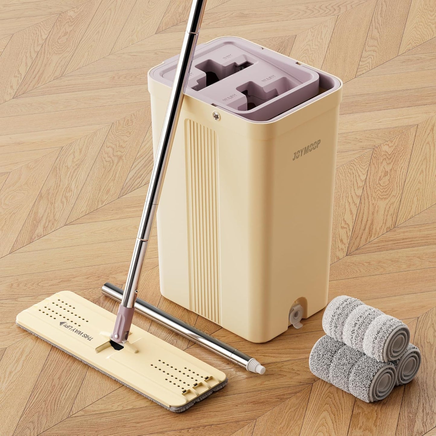 JOYMOOP Mop and Bucket with Wringer Set, Hands Free Flat Floor Mop and Bucket, with 3 Washable Microfiber Pads, Wet and Dry Use, Floor Cleaning System