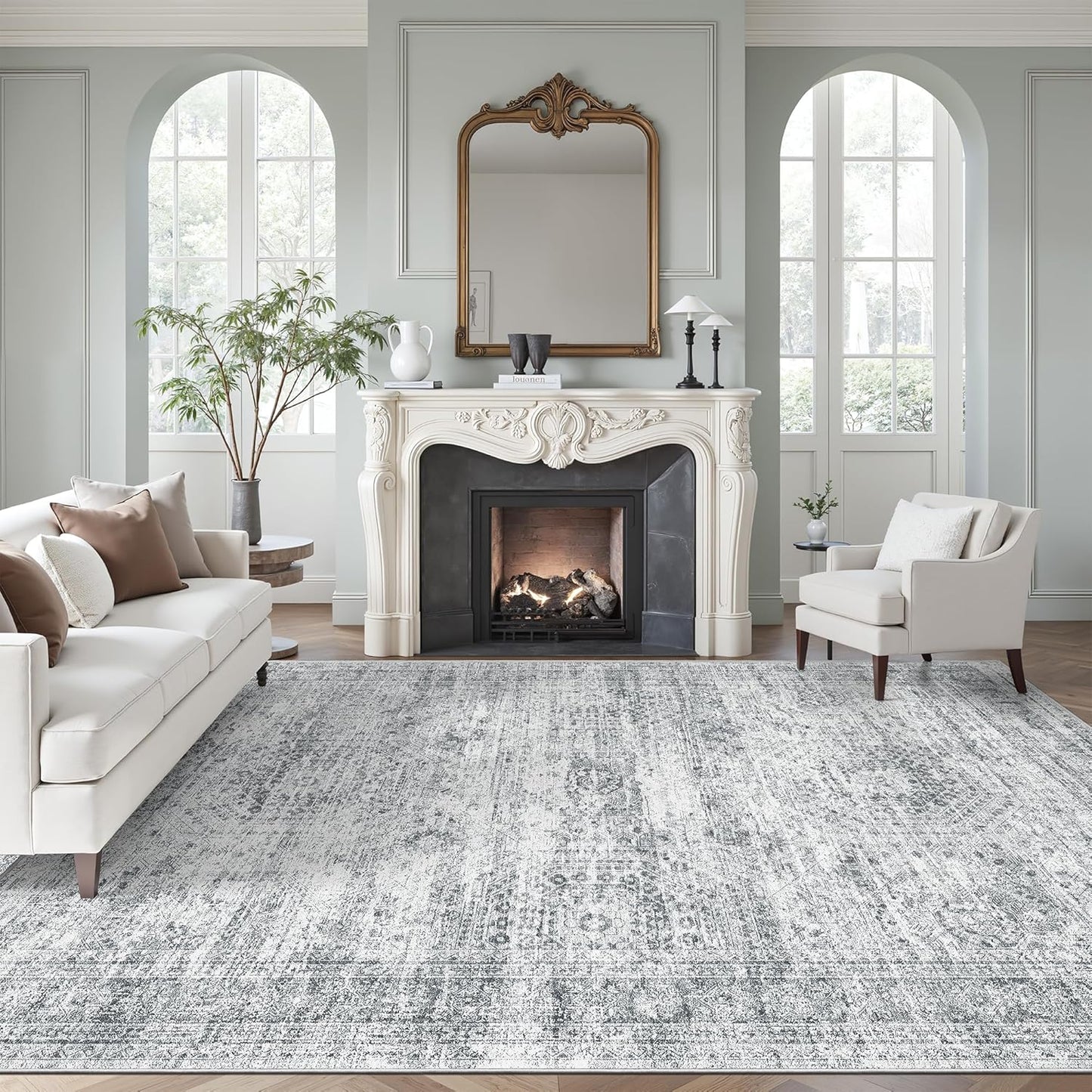 Washable Area Rug 8x10, Large Soft Rugs for Living Room Vintage Beige Carpet 8x10 Area Rugs for Bedroom Dining Room Non-Slip Stain Resistant Under Table Rug