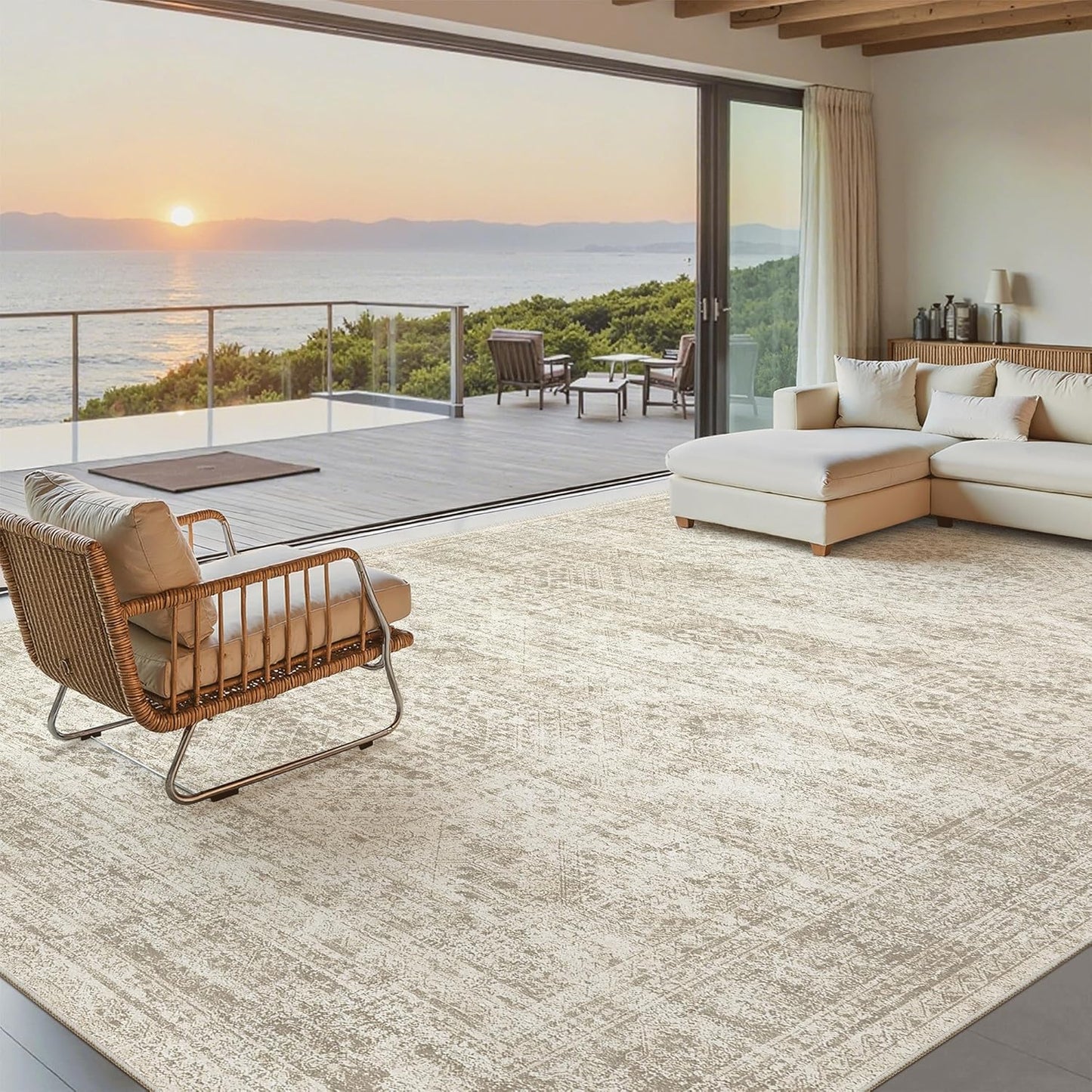 Washable Area Rug 8x10, Large Soft Rugs for Living Room Vintage Beige Carpet 8x10 Area Rugs for Bedroom Dining Room Non-Slip Stain Resistant Under Table Rug