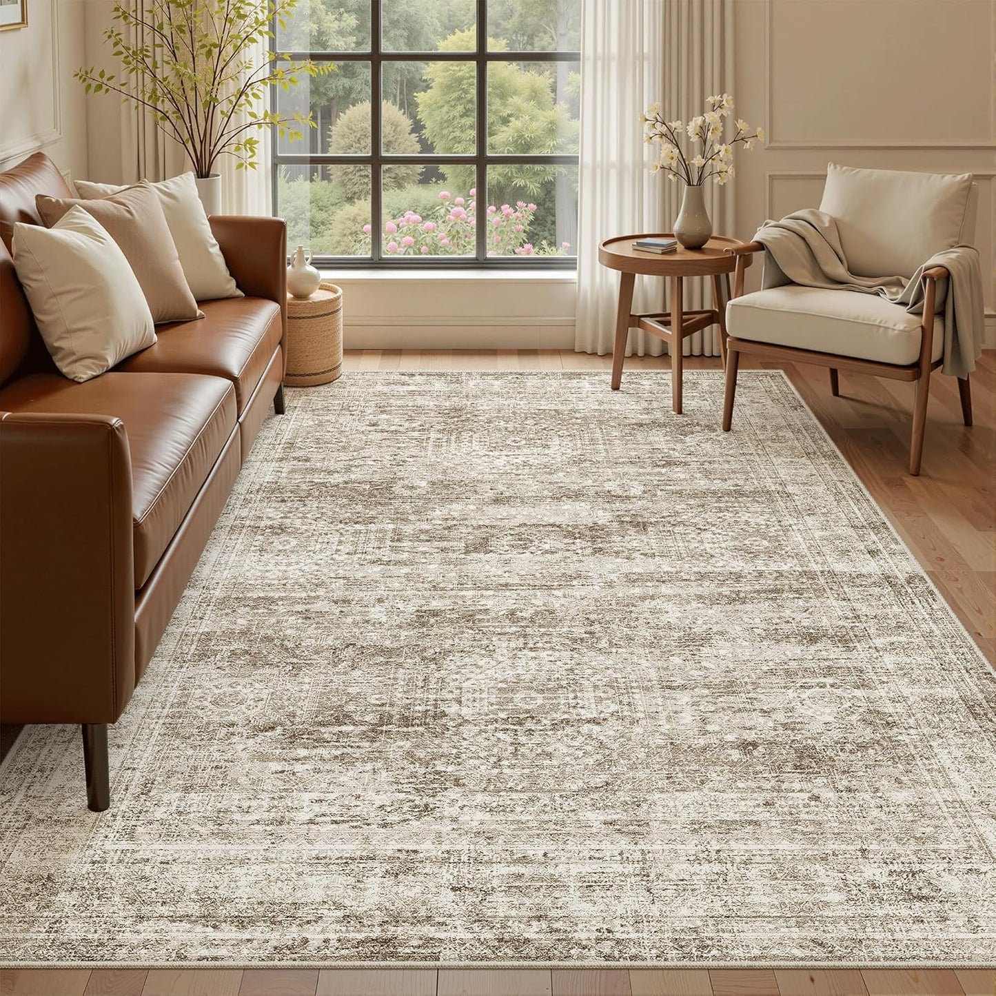 Washable Area Rug 8x10, Large Soft Rugs for Living Room Vintage Beige Carpet 8x10 Area Rugs for Bedroom Dining Room Non-Slip Stain Resistant Under Table Rug