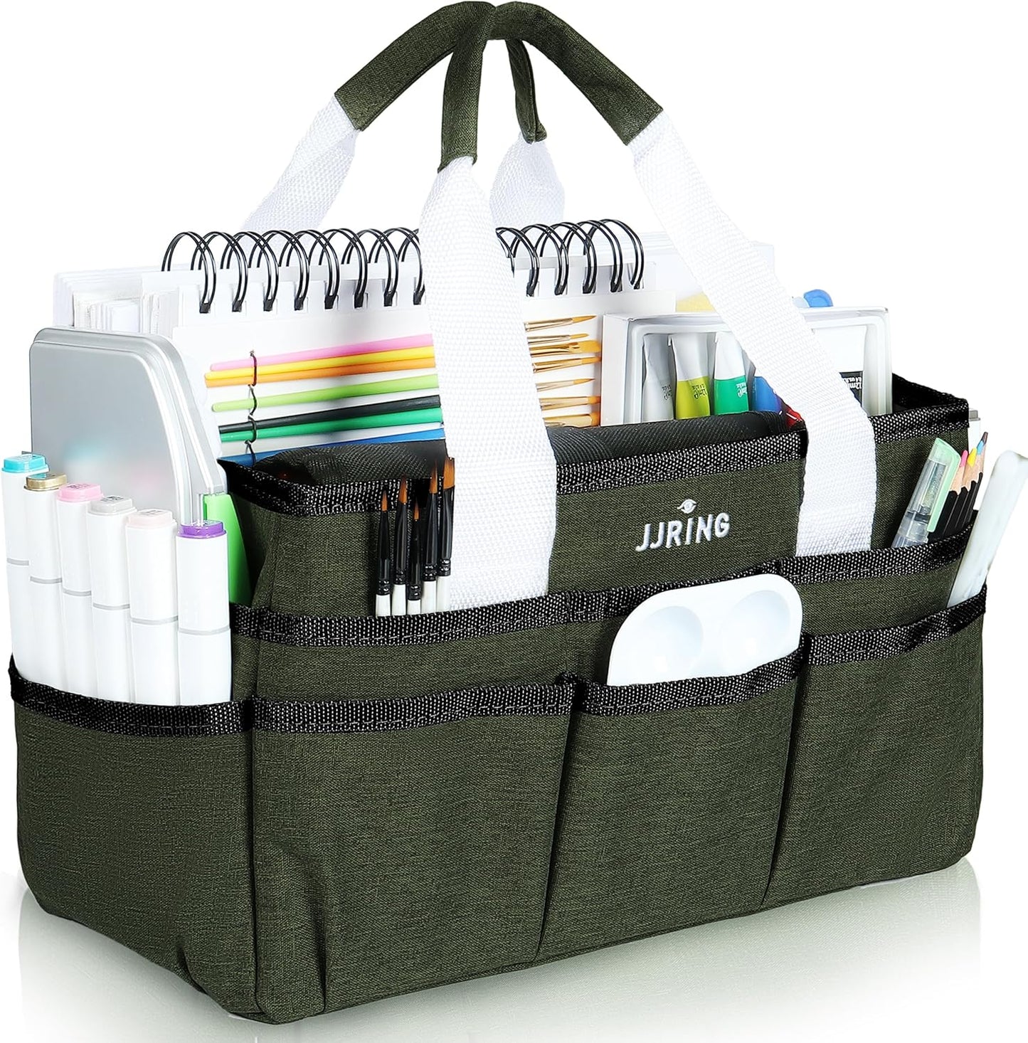JJRING Craft Organizer Tote Bag, Large Art Storage Caddy with Multiple Pockets, Bluish Green Sewing Bag for Art, Craft, Scrapbooking, School, Medical, and Office Supplies Storage