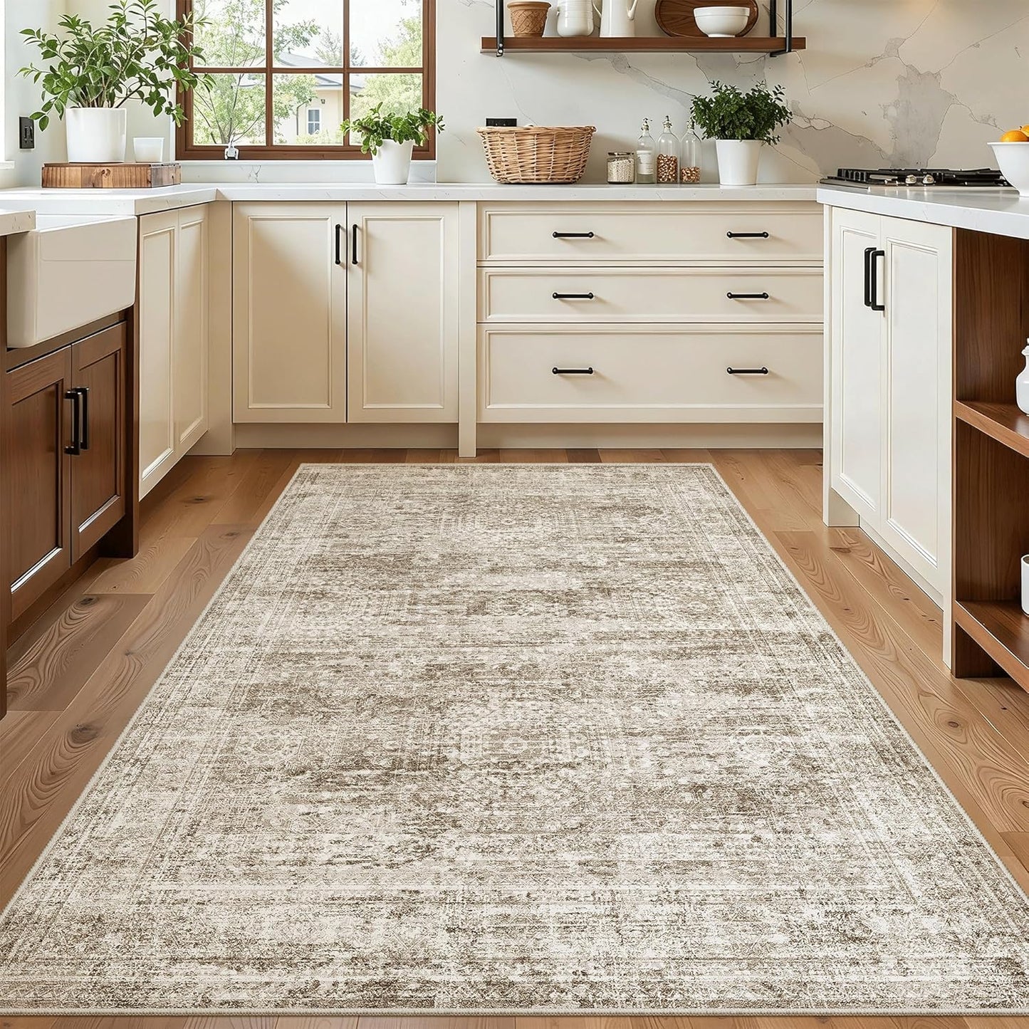 Washable Area Rug 8x10, Large Soft Rugs for Living Room Vintage Beige Carpet 8x10 Area Rugs for Bedroom Dining Room Non-Slip Stain Resistant Under Table Rug