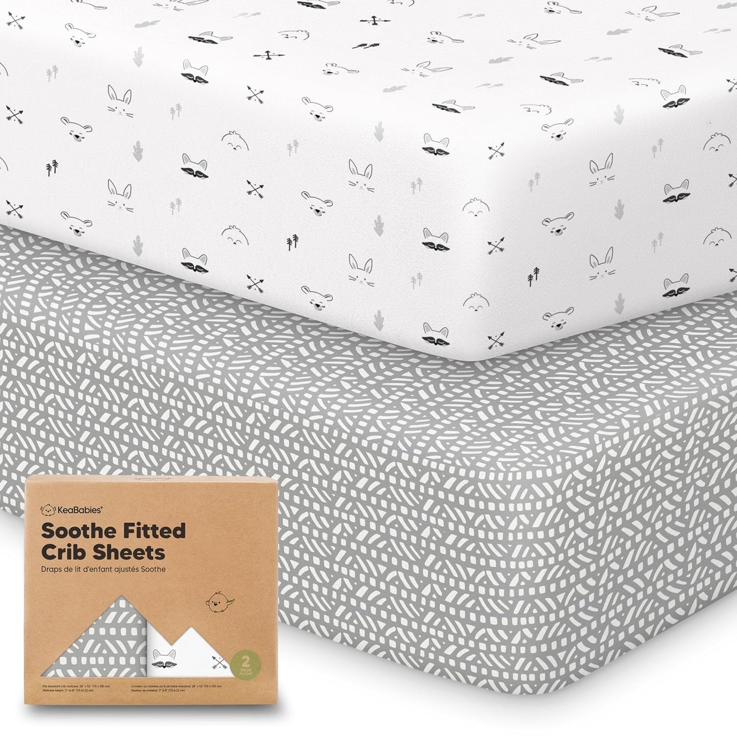 KeaBabies 2-Pack Organic Crib Sheets for Boys, Girls - 52x28 Fitted Crib Mattress Sheet Neutral, Breathable Jersey Cotton Cover for Baby Bed, Toddler Mattress, Soft & Cute Prints (Soft White)