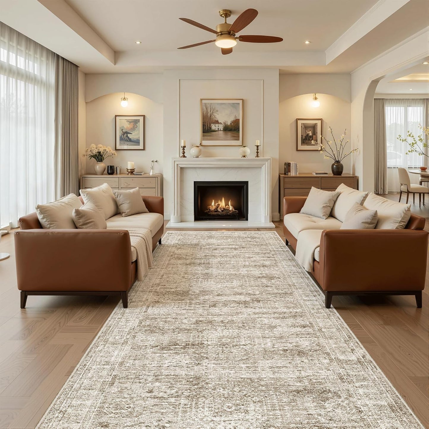 Washable Area Rug 8x10, Large Soft Rugs for Living Room Vintage Beige Carpet 8x10 Area Rugs for Bedroom Dining Room Non-Slip Stain Resistant Under Table Rug