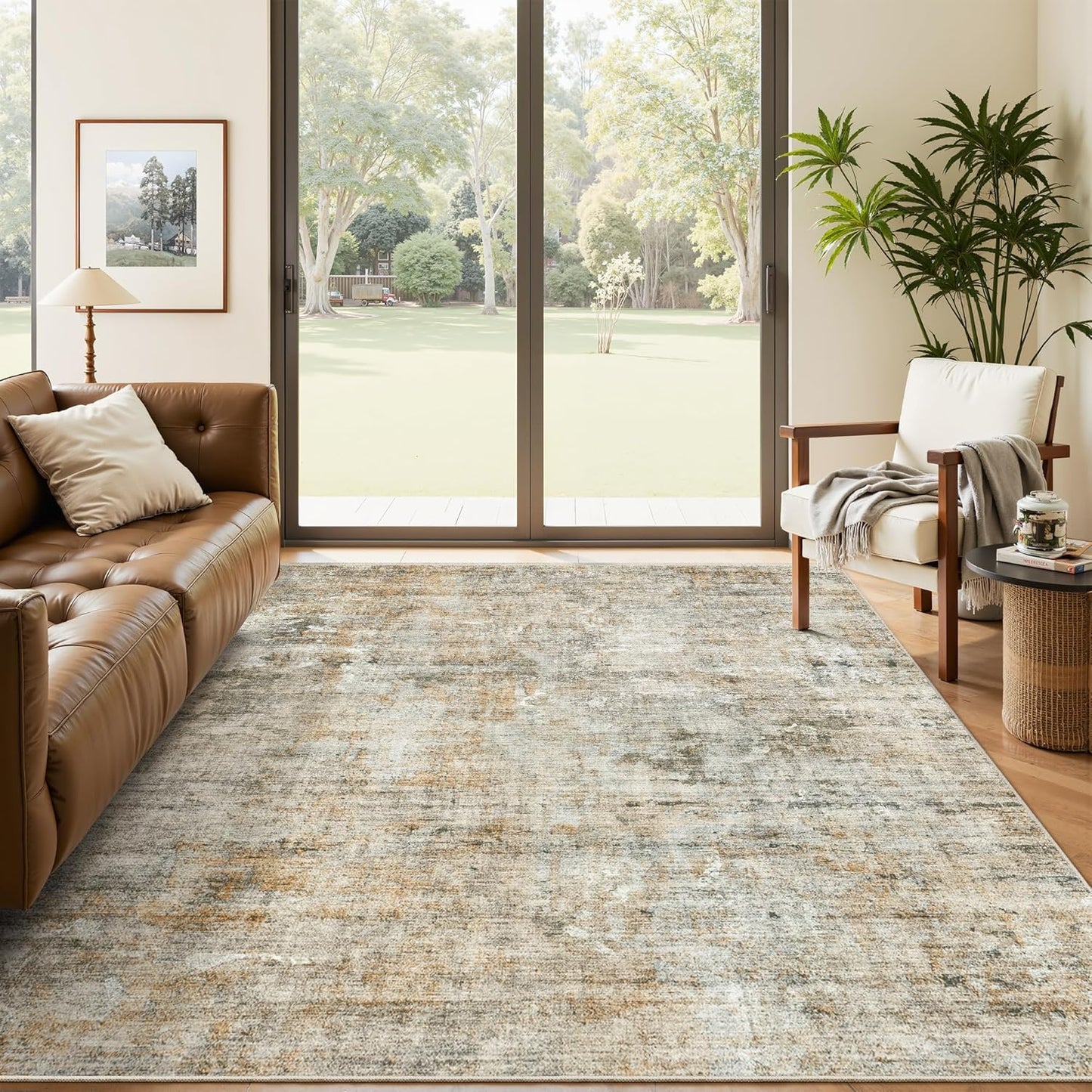 Washable Area Rug 8x10, Large Soft Rugs for Living Room Vintage Beige Carpet 8x10 Area Rugs for Bedroom Dining Room Non-Slip Stain Resistant Under Table Rug