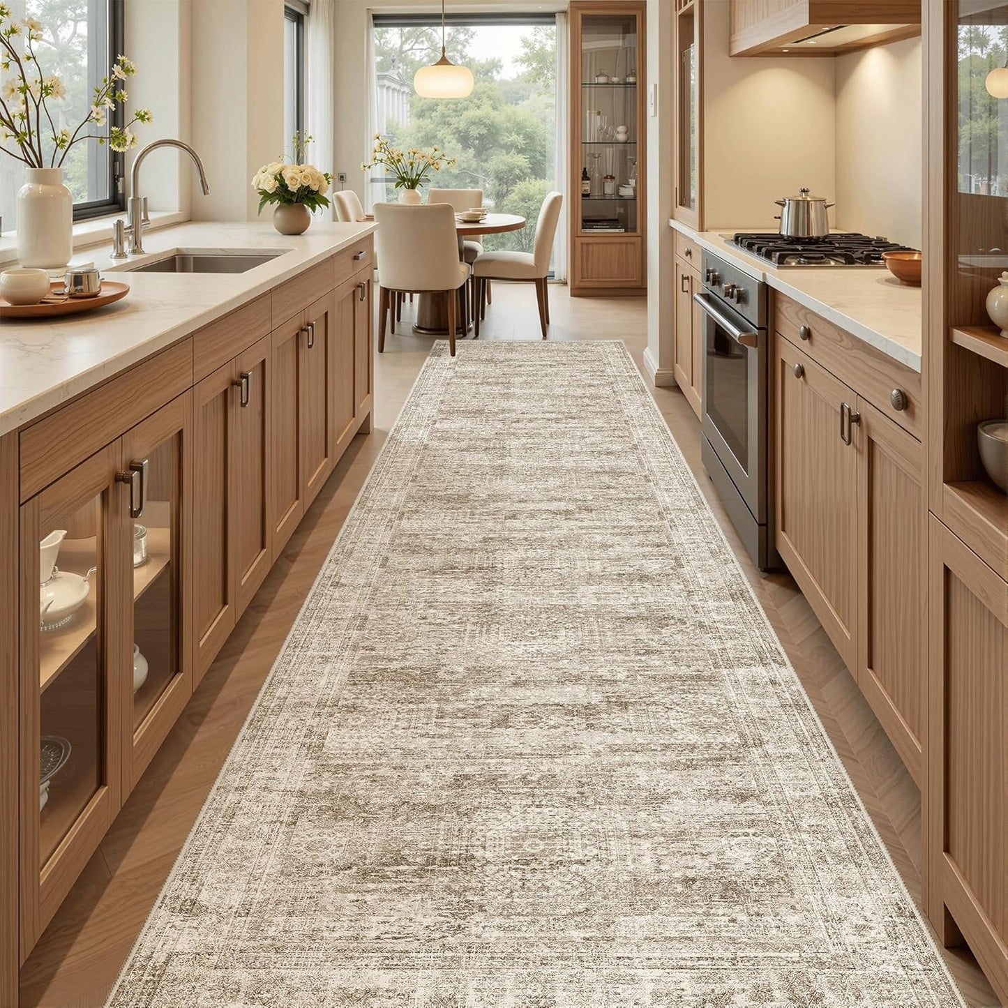Washable Area Rug 8x10, Large Soft Rugs for Living Room Vintage Beige Carpet 8x10 Area Rugs for Bedroom Dining Room Non-Slip Stain Resistant Under Table Rug