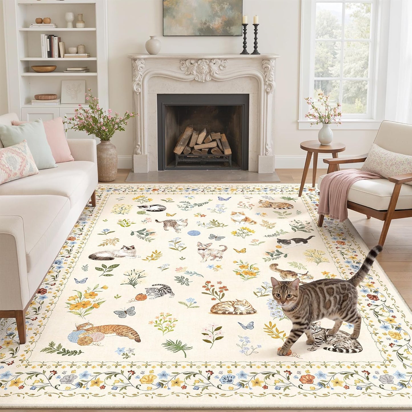 Washable Area Rug 8x10, Large Soft Rugs for Living Room Vintage Beige Carpet 8x10 Area Rugs for Bedroom Dining Room Non-Slip Stain Resistant Under Table Rug