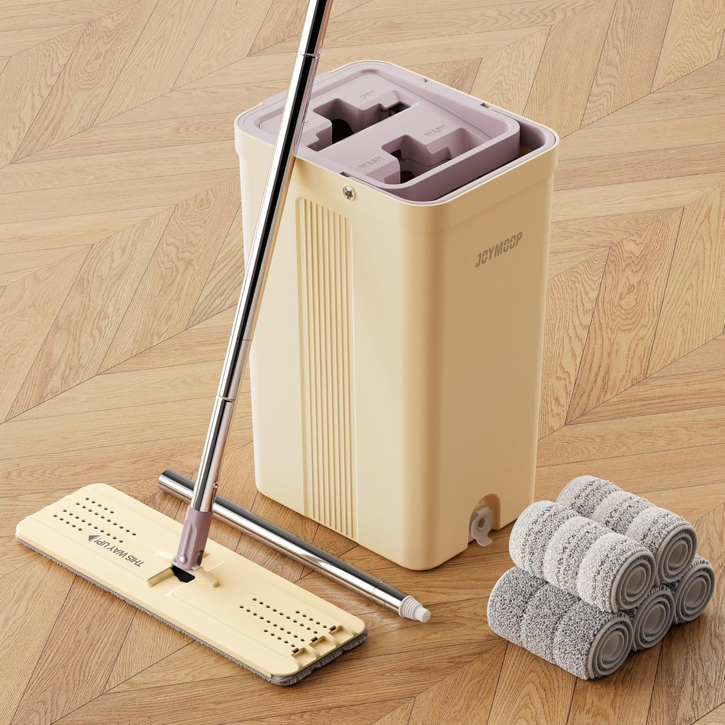 JOYMOOP Mop and Bucket with Wringer Set, Hands Free Flat Floor Mop and Bucket, with 3 Washable Microfiber Pads, Wet and Dry Use, Floor Cleaning System